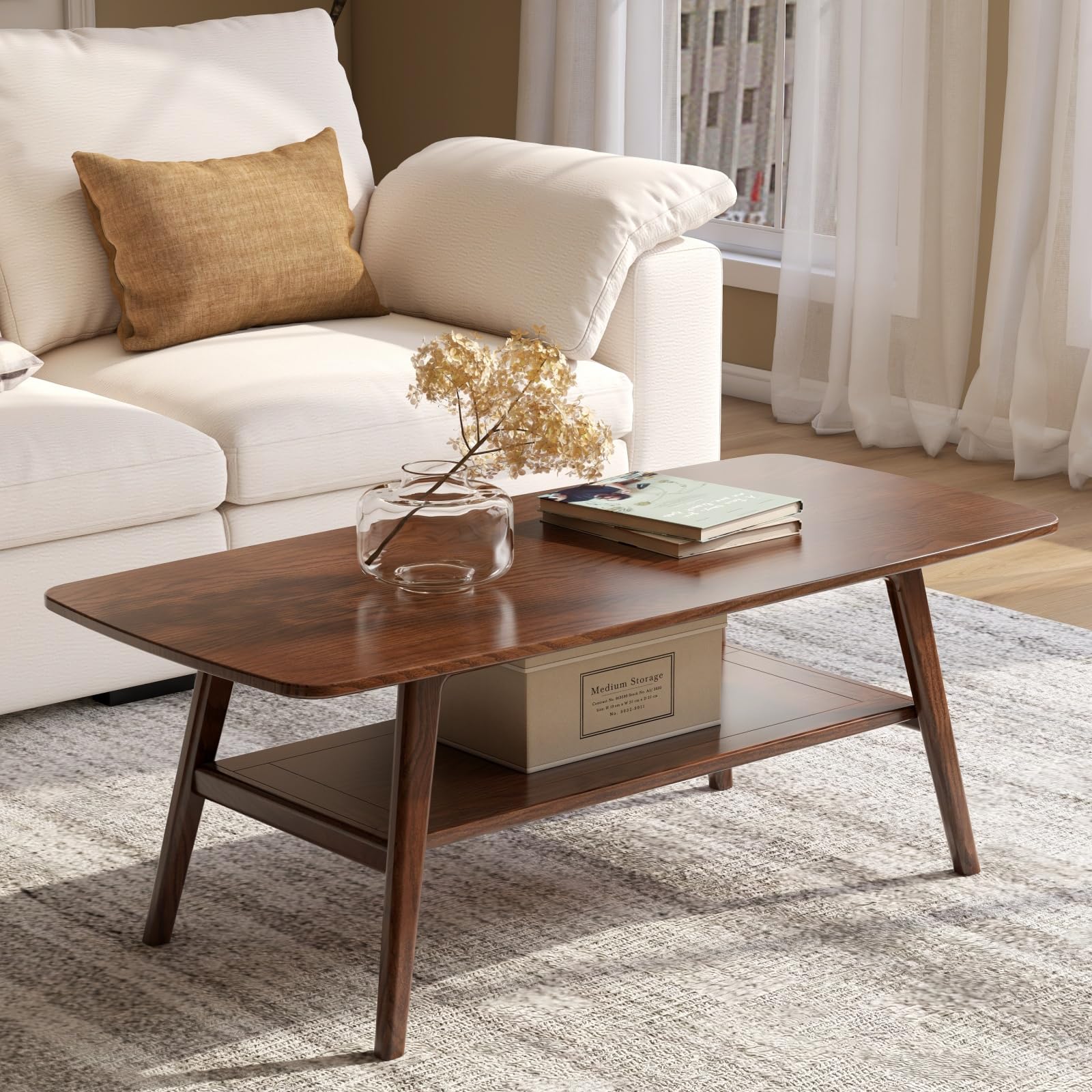 31.49" Solid Oak 2-Tier Walnut Mid Century Modern Coffee Table with Storage Shelf for Living Room