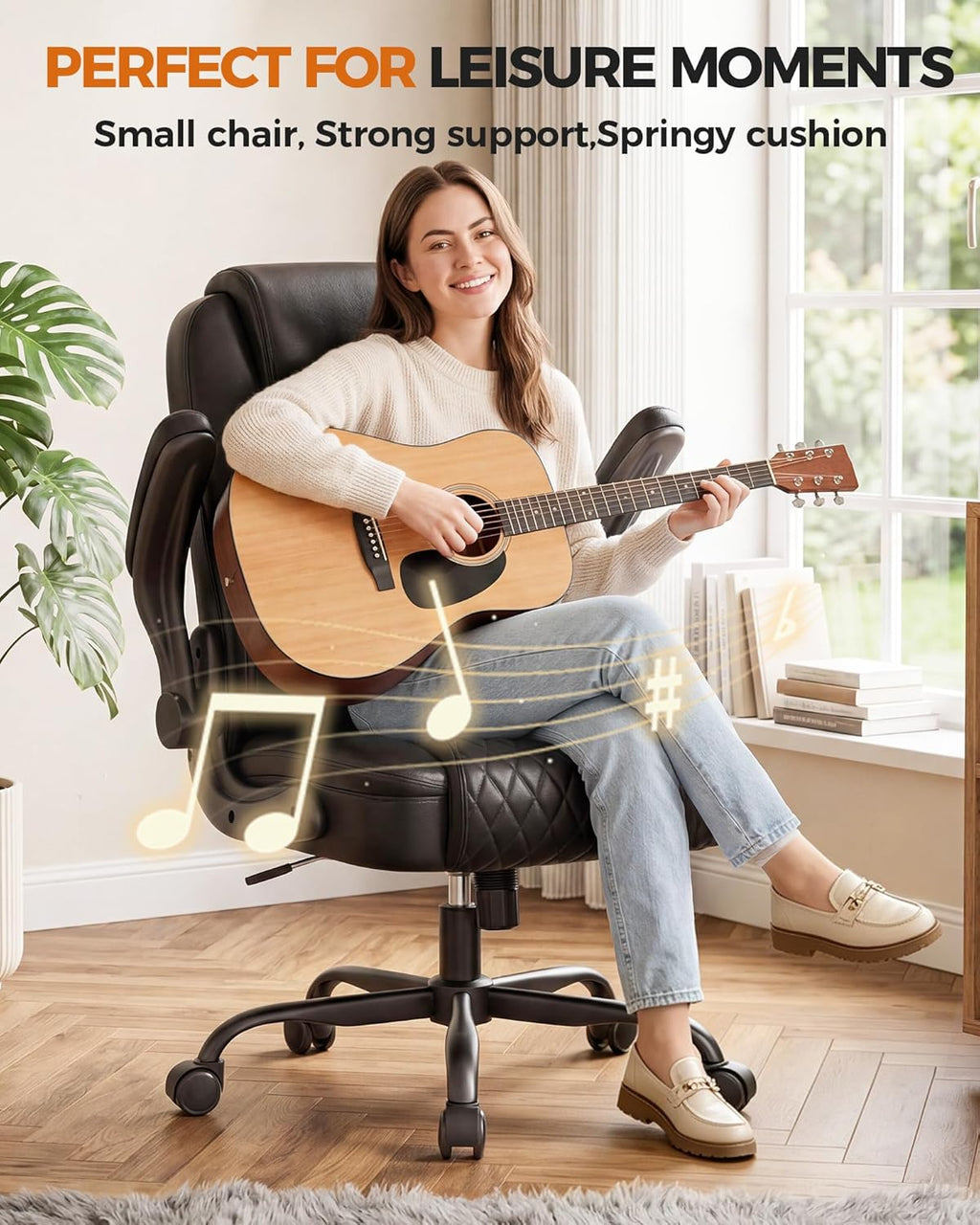 Mid-Back Leather Ergonomic Office Gaming Chair with Adjustable Armrests, Rolling Swivel Desk Chair for Short Adults