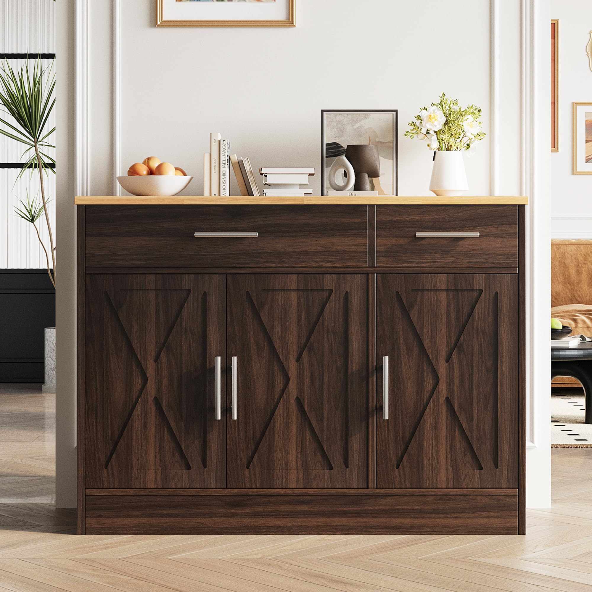 Vongrasig 43” Coffee Bar Cabinet, Farmhouse Buffet Cabinet with Storage, Sideboard Buffet with Drawers and Shelves for Kitchen, Dining Room, White