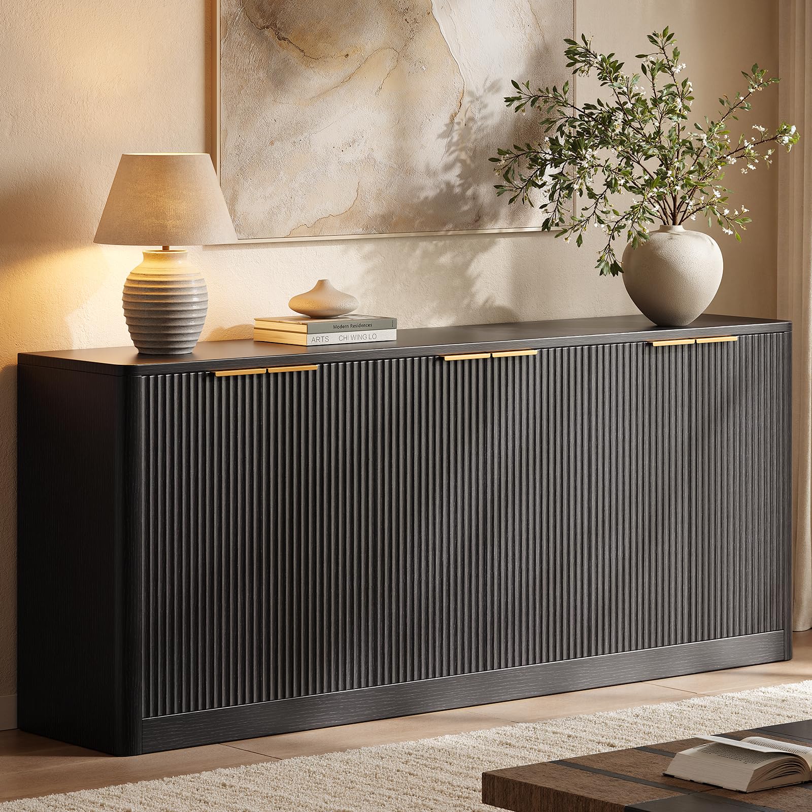 Evermagin 67" Fluted Walnut Buffet Cabinet Sideboard with Storage, Large Credenza with 6 Doors, Wood Mid Century Modern Sideboard for Kitchen and Living Room (67" W*31.5" H*15.7" D)