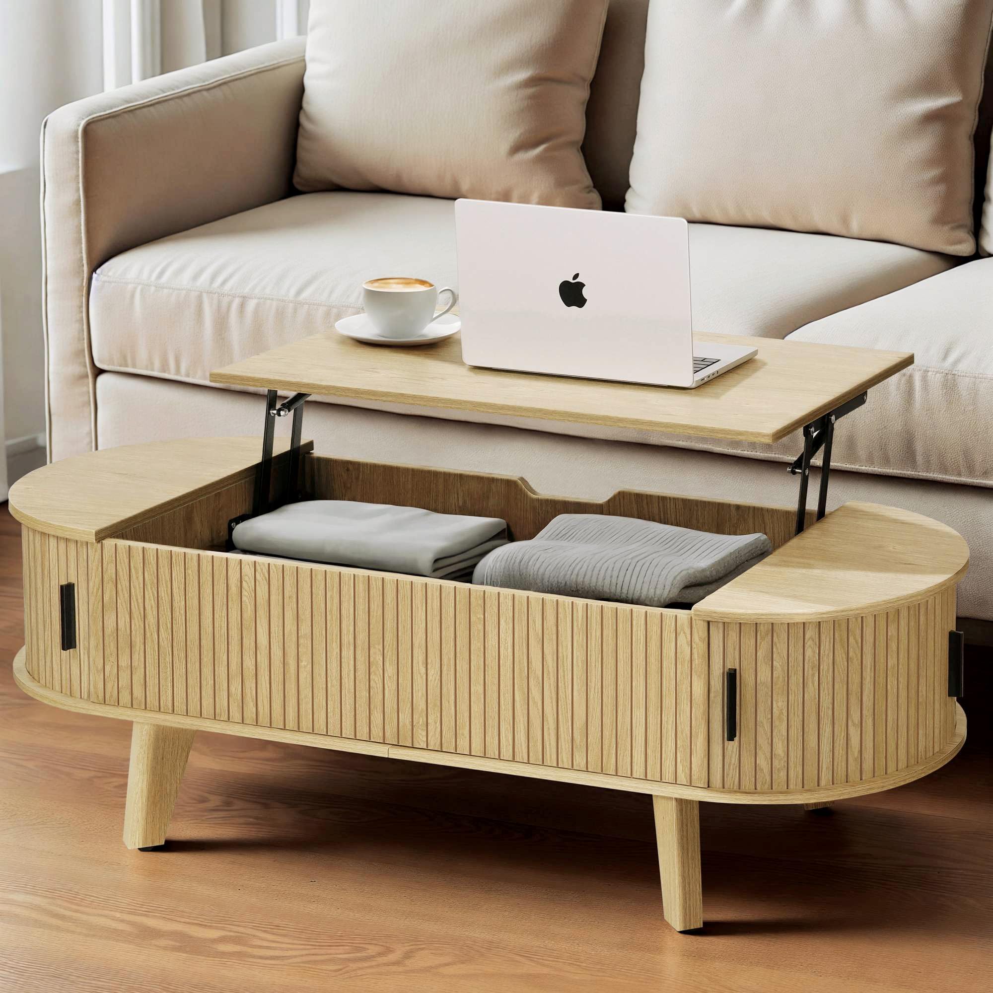 Oval Lift Top Coffee Table with Storage, 47.2" Mid Century Modern Living Room Center Table with 180° Sliding Tambour Door, Wood Fluted Coffee Table for Home Office, Walnut