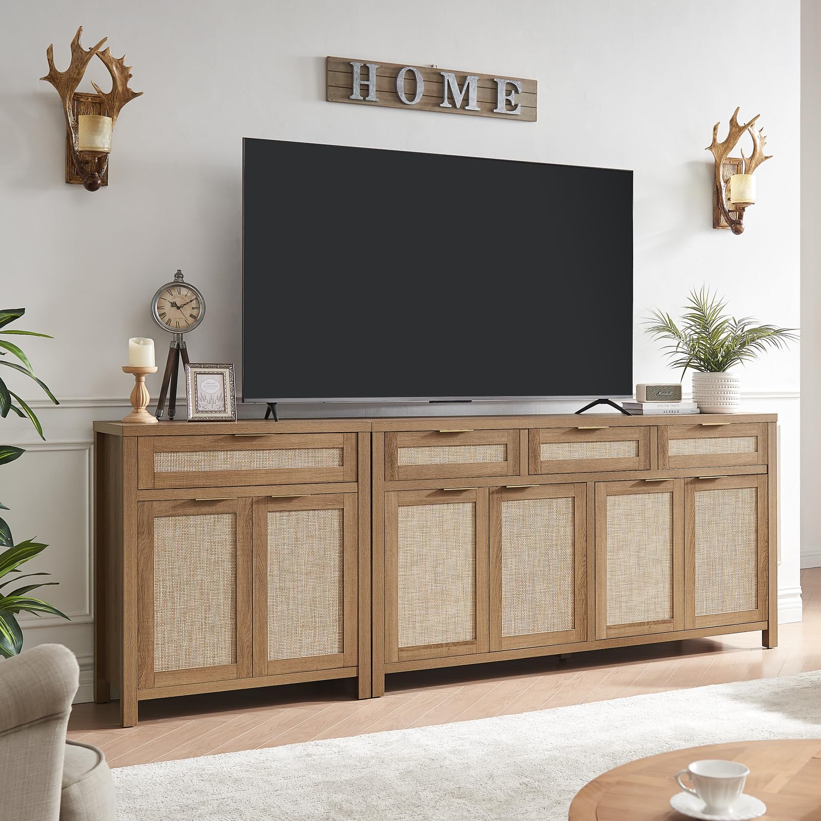 HOKYHOKY 63" Rattan Sideboard Buffet Cabinet, Boho Storage Cabinet with Adjustable Shelves, Farmhouse Credenza Coffee Bar Cabinets with 4 Doors & 3 Drawers for Living Room, Hallway & Kitchen