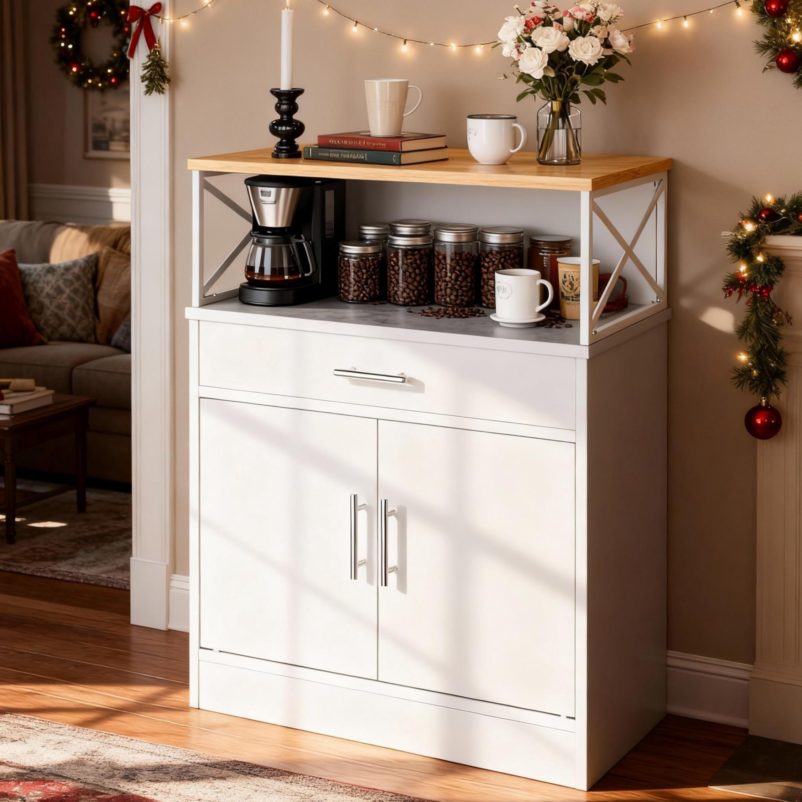 SUNLEI Kitchen Buffet Sideboard Cabinet, Wooden Storage with 4 Doors and 3 Drawers, Adjustable Shelf, Modern Farmhouse Coffee Bar Cabinet with Storage for Kitchen/Laundry/Living Room, Ivory