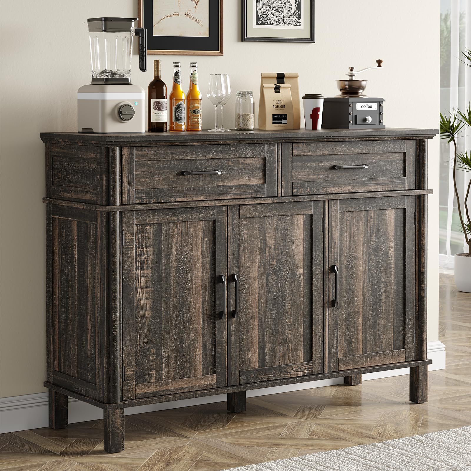 48" Brown Farmhouse Wood Sideboard Buffet Credenza with 4 Drawers & Adjustable Shelves, Coffee Bar Storage Cabinet for Kitchen Living Room Entryway