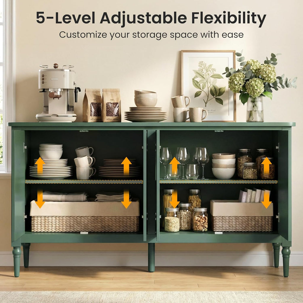 RoyalCraft Buffet Cabinet with Storage, 59" Vintage Sideboard with Adjustable Shelves, Mid Century Modern Painted Credenza Coffee Bar for Kitchen, Dining Room, Entryway, Living Room, Forest Green