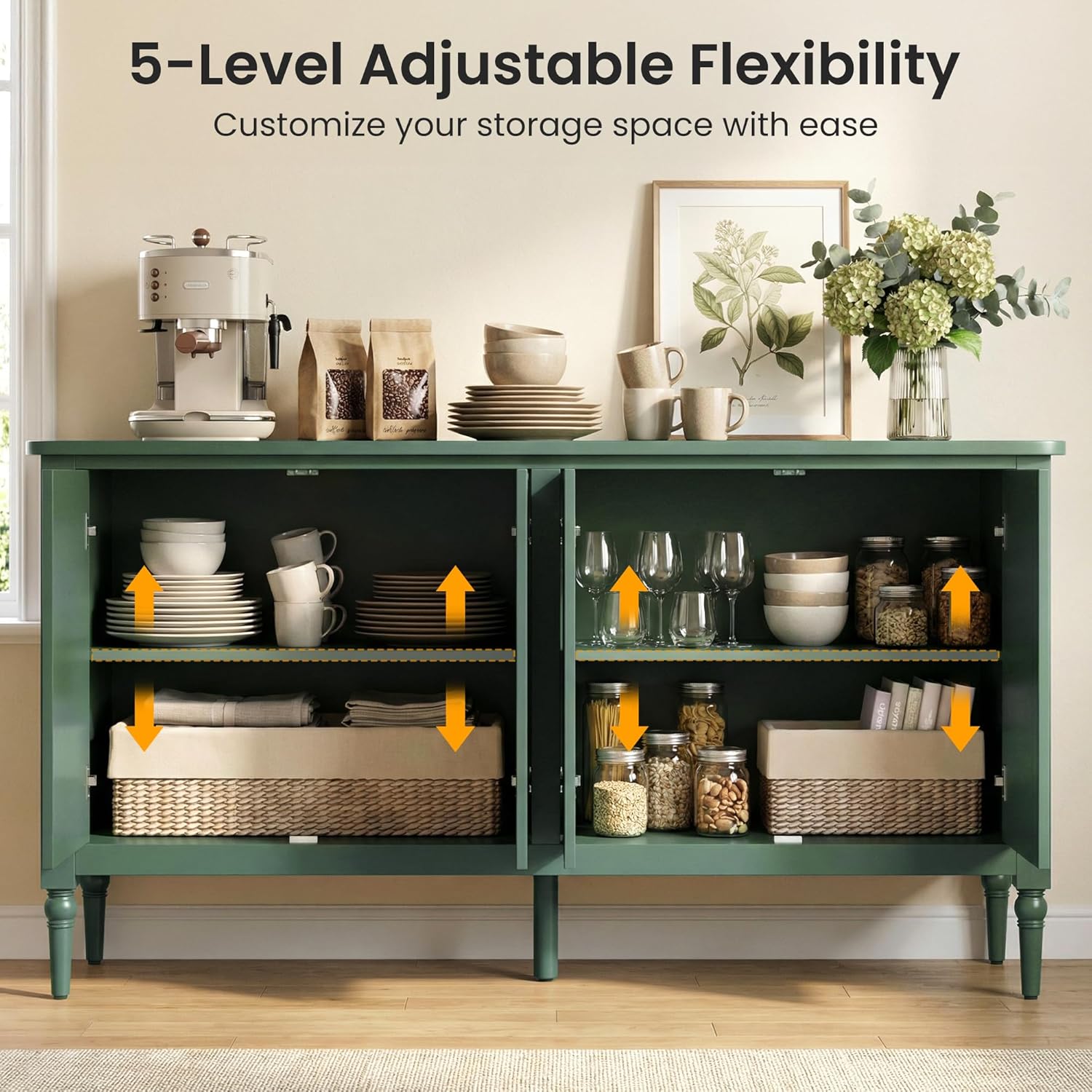 RoyalCraft Buffet Cabinet with Storage, 59" Vintage Sideboard with Adjustable Shelves, Mid Century Modern Painted Credenza Coffee Bar for Kitchen, Dining Room, Entryway, Living Room, Forest Green