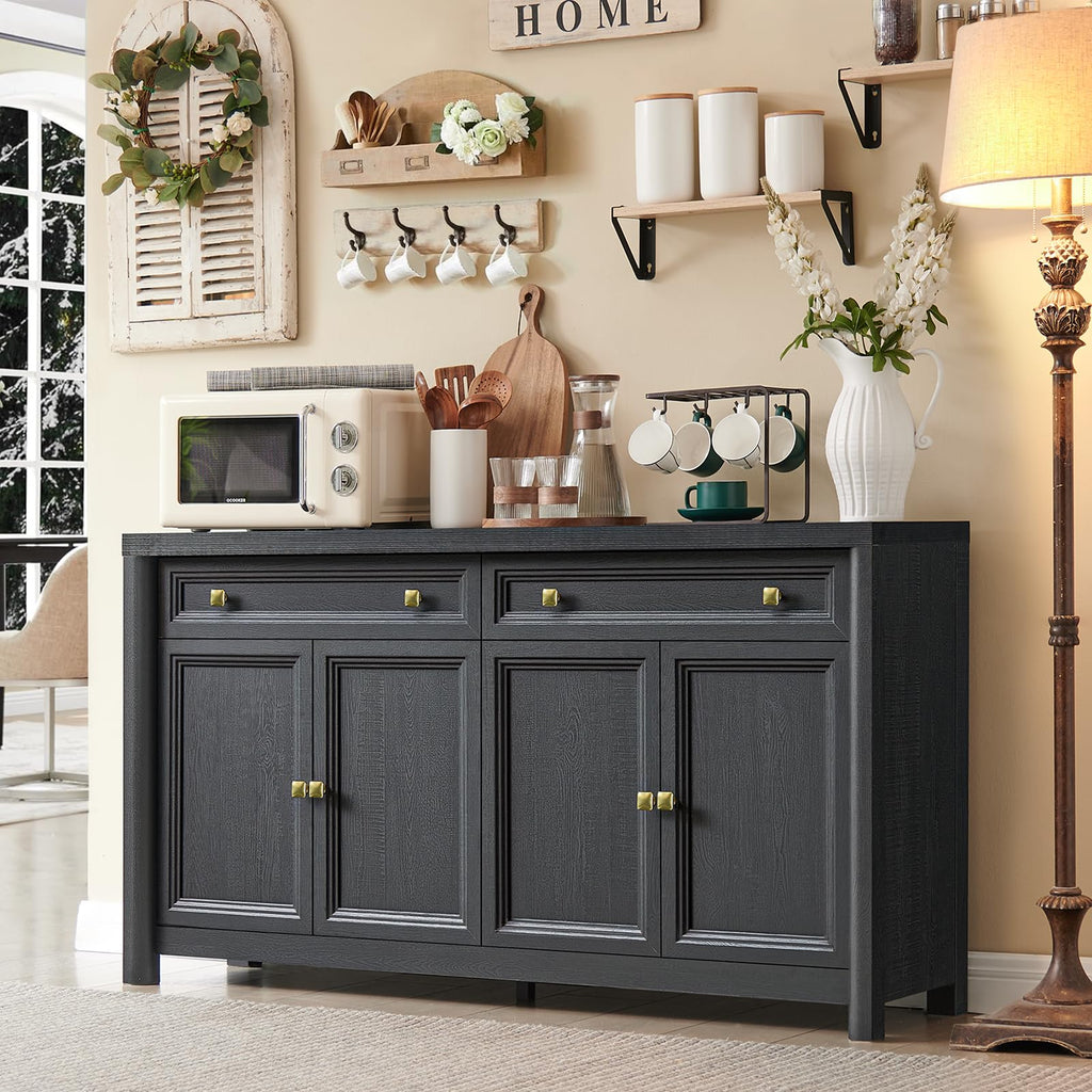 Standifurno Farmhouse Sideboard Buffet Cabinet with Drawers, 59" Large Credenza Kitchen Storage Cabinets with Shelves & 4 Doors, Wood Rustic Coffee Bar Console Table for Living Room, White