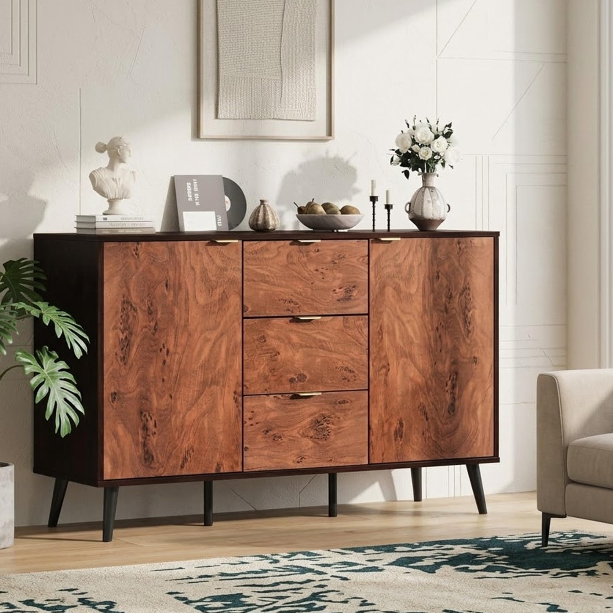 IDEALHOUSE Sideboard Buffet Cabinet with Storage, 59.1" Large Rattan Storage Cabinet with Drawers, Farmhouse Coffee Bar Cabinet for Living Room, Kitchen, Entryway, Black