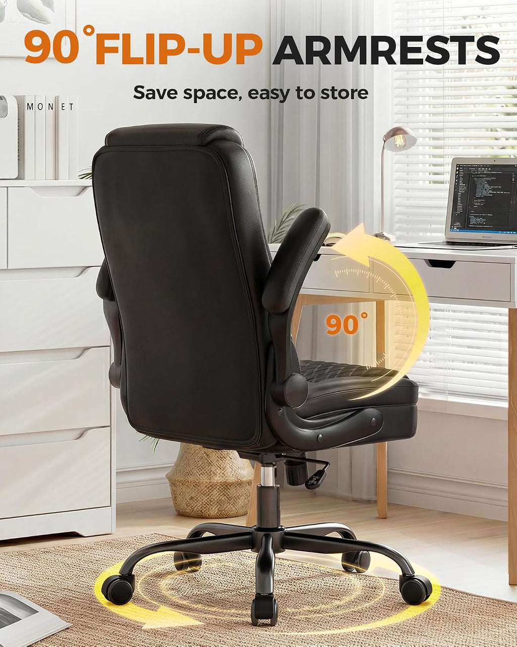 Mid-Back Leather Ergonomic Office Gaming Chair with Adjustable Armrests, Rolling Swivel Desk Chair for Short Adults