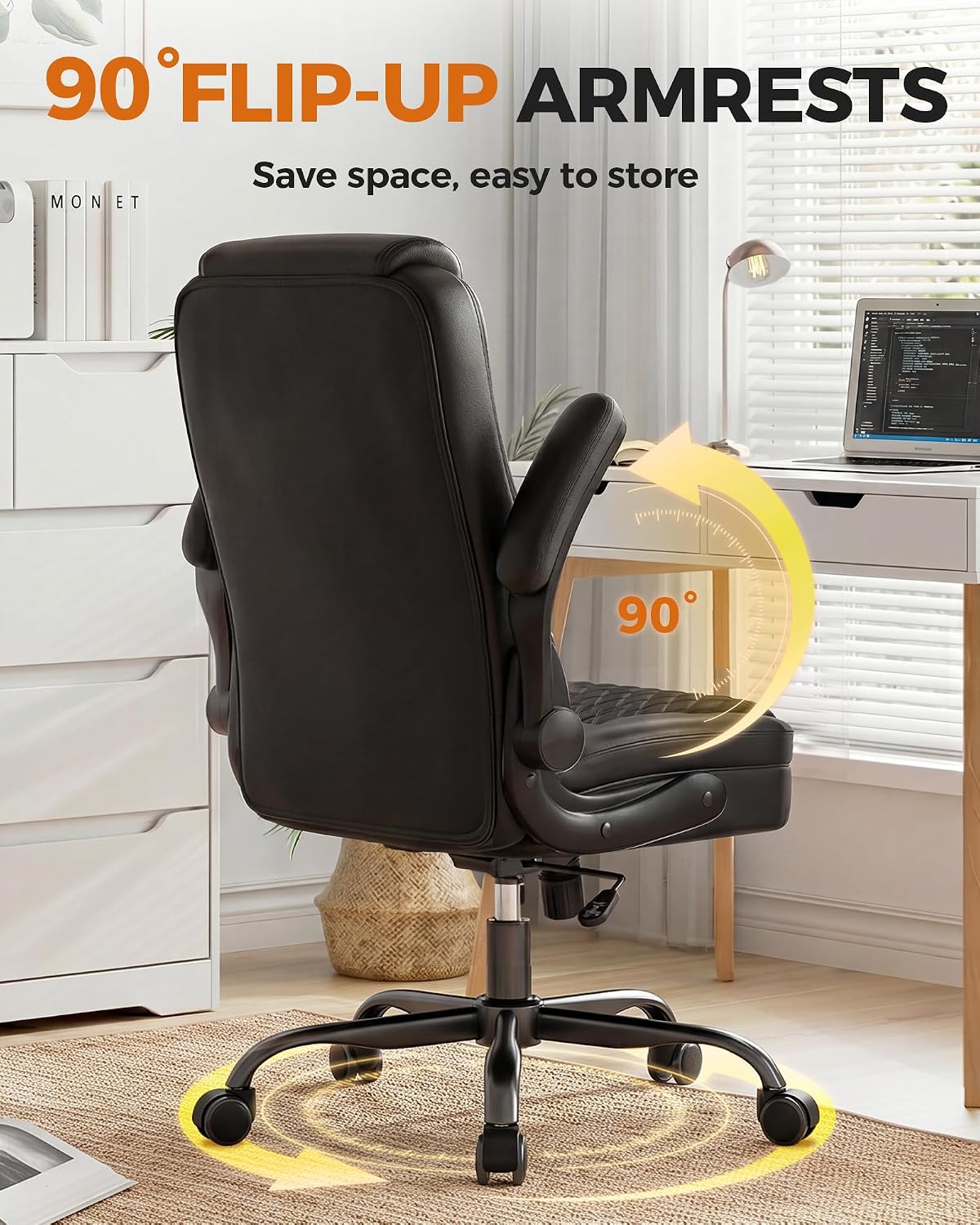 Mid-Back Leather Ergonomic Office Gaming Chair with Adjustable Armrests, Rolling Swivel Desk Chair for Short Adults