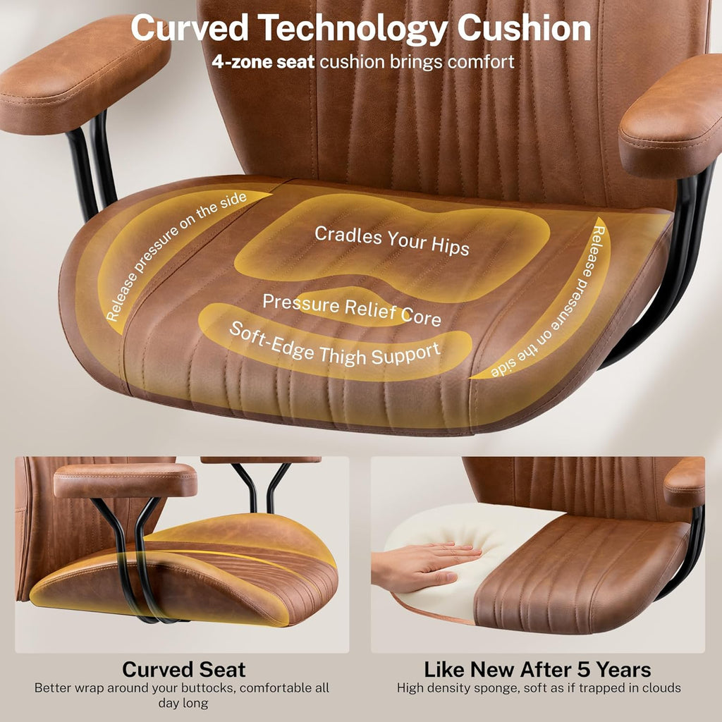 HeroSet Leather Office Chair with Removable Armrests, Mid Back Ergonomic Desk Chair with Lumbar Support, Adjustable Height Rocking Swivel Executive Chair for Home Office, Brown