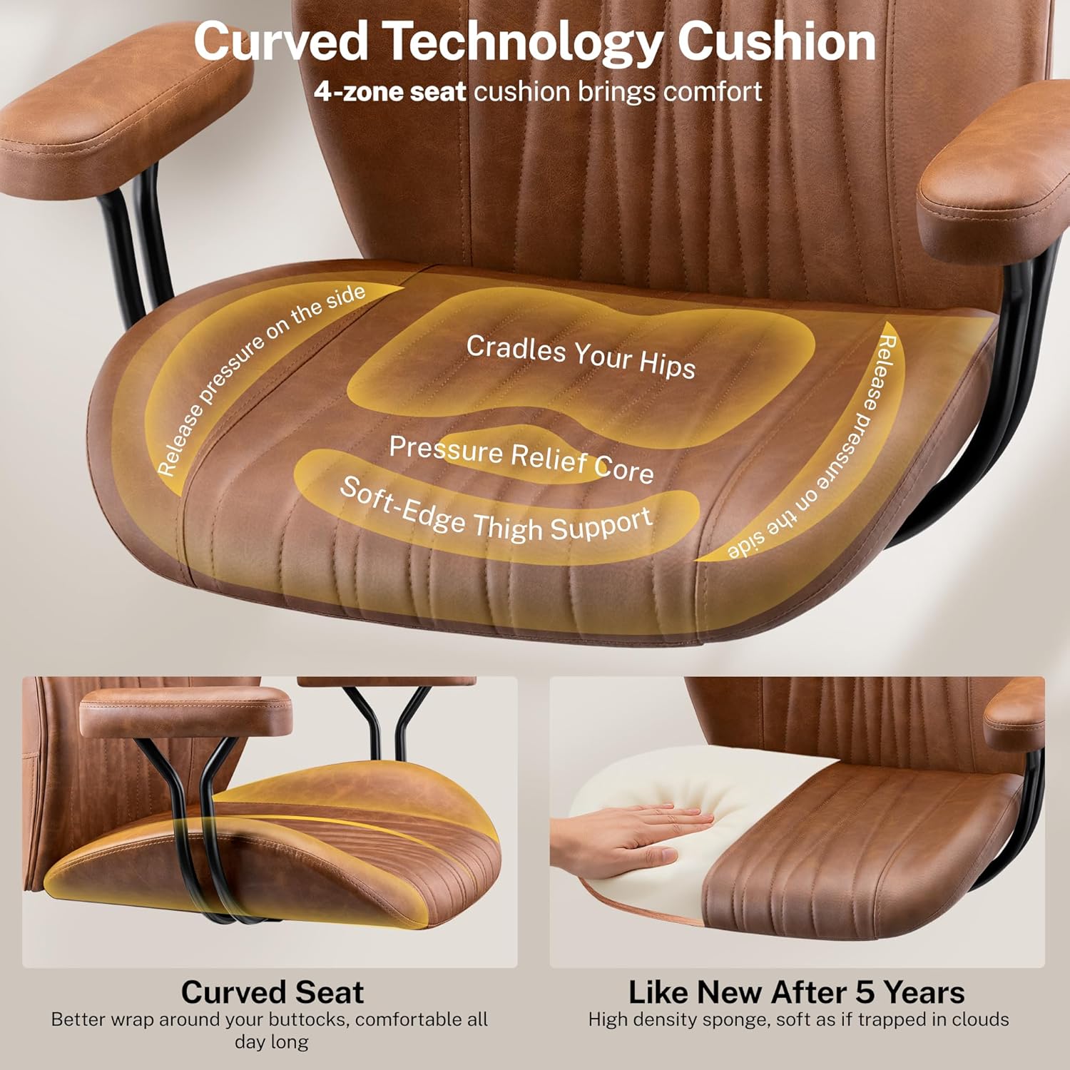 HeroSet Leather Office Chair with Removable Armrests, Mid Back Ergonomic Desk Chair with Lumbar Support, Adjustable Height Rocking Swivel Executive Chair for Home Office, Brown