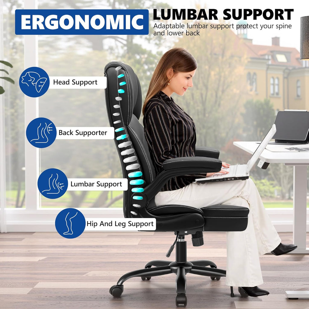 PU Leather Office Chair, Ergonomic High-Back Desk Computer & Gaming Chair with Adjustable Height, Rolling Swivel & Flip-Up Armrests, Comfy Padded Seat for Home Office-Black