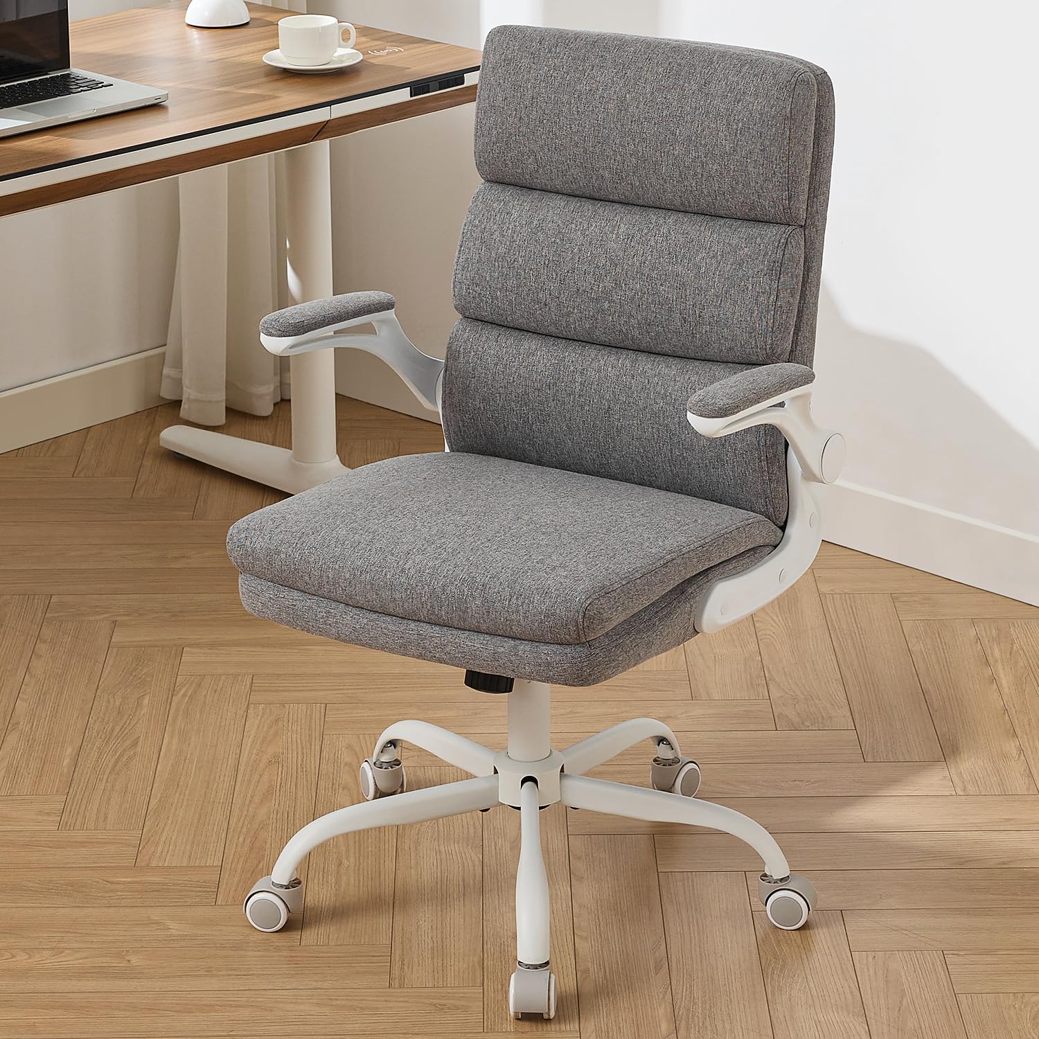 Office Chair Adjustable Desk Chair Mid Back Executive Comfortable Bonded Leather Ergonomic Back Support Home Computer Chairs with Padded Flip-up Armrest Swivel Wheels (Tan)
