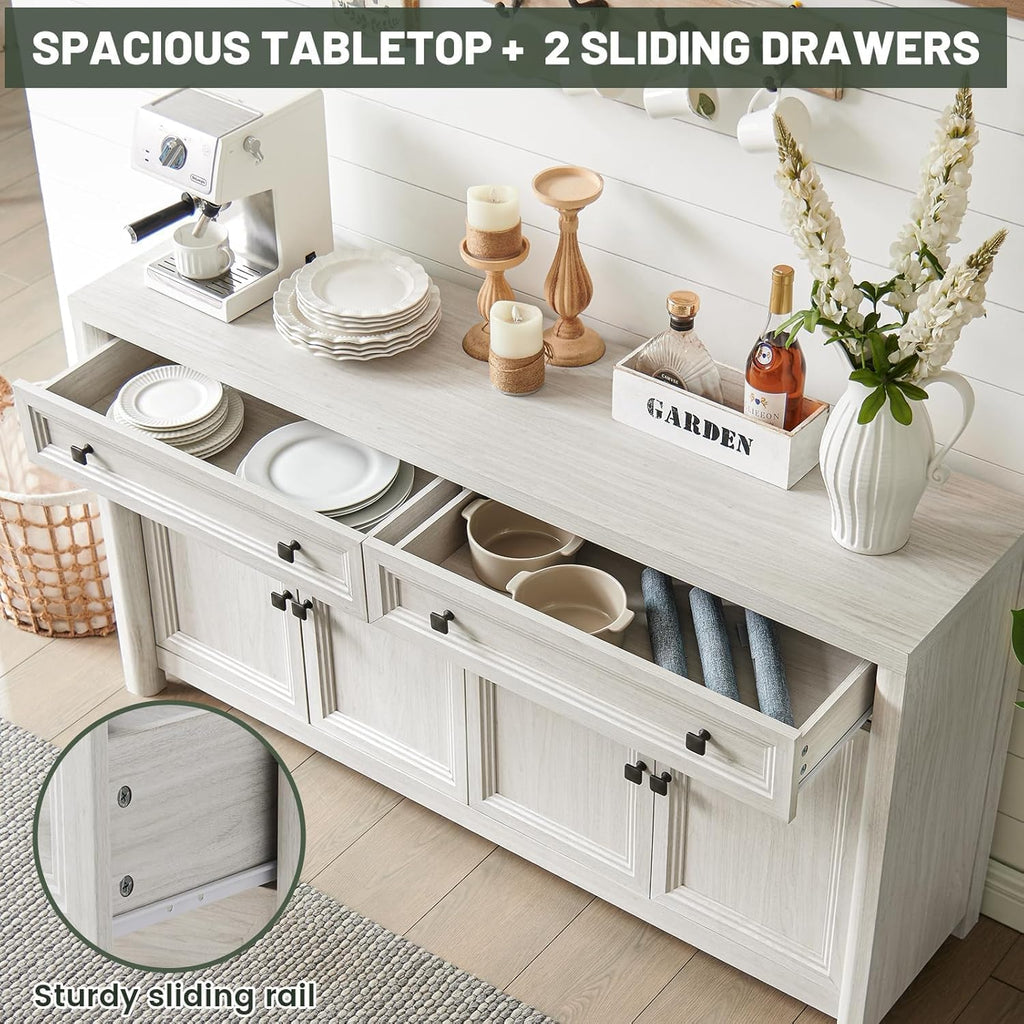 Standifurno Farmhouse Sideboard Buffet Cabinet with Drawers, 59" Large Credenza Kitchen Storage Cabinets with Shelves & 4 Doors, Wood Rustic Coffee Bar Console Table for Living Room, White