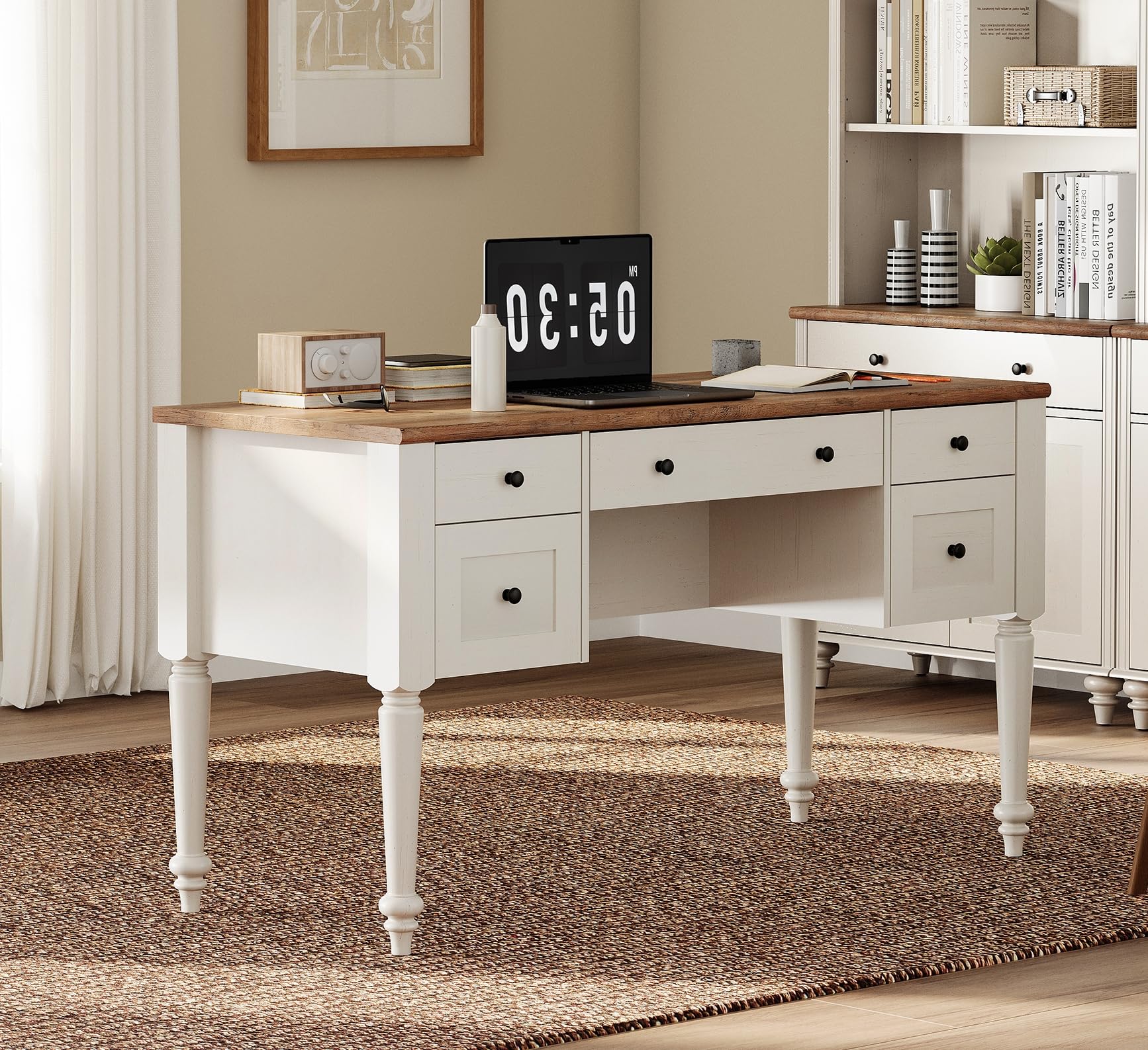 WAMAPT Farmhouse Executive Desk with Drawers, Vintage Writing Desk with Charging Station, Home Office Desk with Storage Cabinet & Open Shelf for Study, 56 Inch, Oak