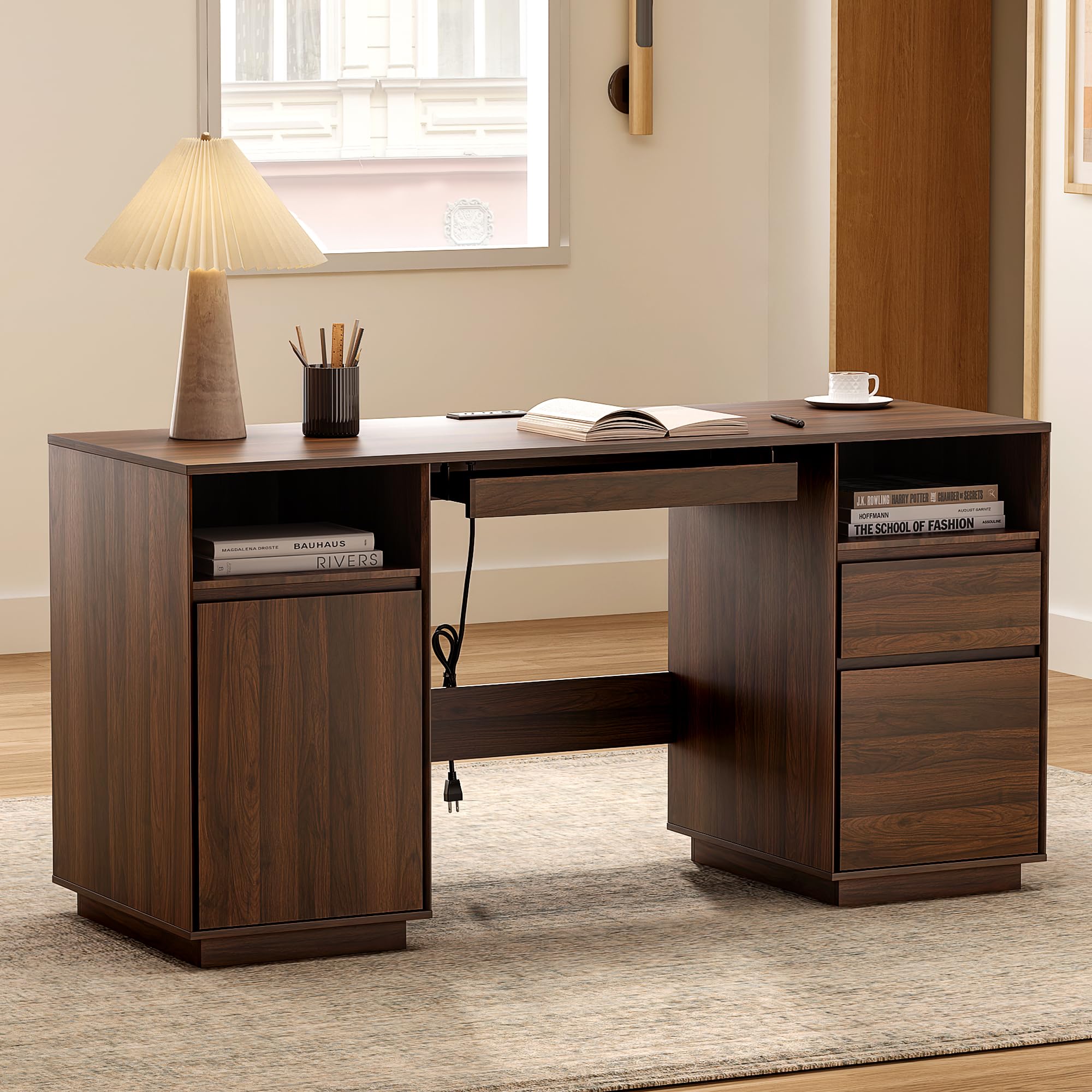 59" Natural Oak Farmhouse Executive Computer Desk with File Drawer, Charging Station, Keyboard Tray & Storage Cabinet for Home Office Study Writing