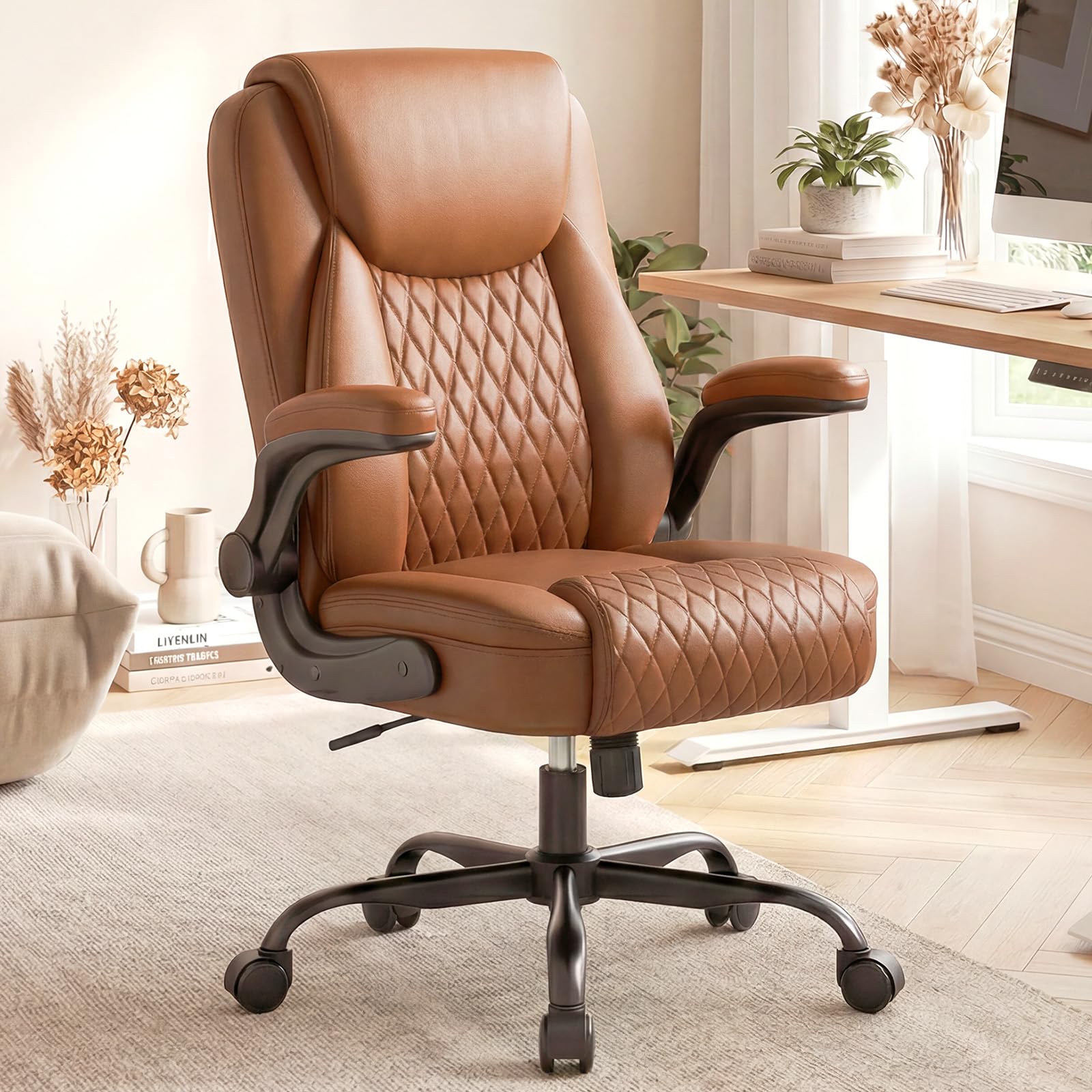 Mid-Back Leather Ergonomic Office Gaming Chair with Adjustable Armrests, Rolling Swivel Desk Chair for Short Adults