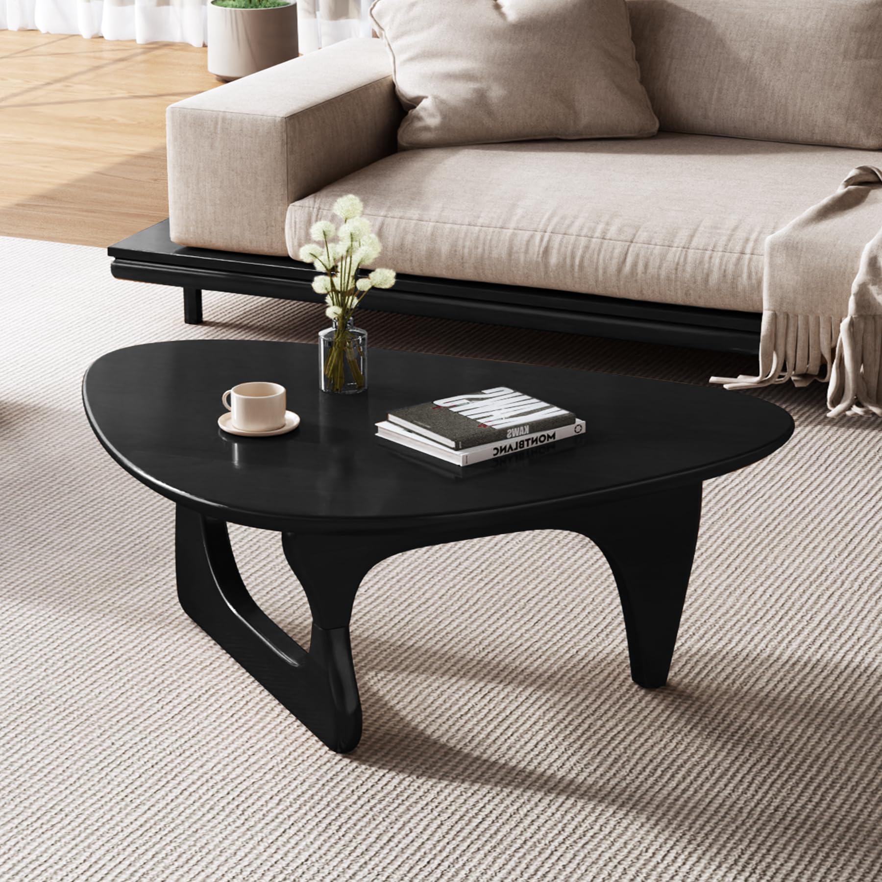 Wood Coffee Table, Mid Century Modern Triangle Coffee Table for Living Room, Rustic Solid Wood Legs and Tabletop, Farmhouse Walnut Accent Center Table for Small Spaces