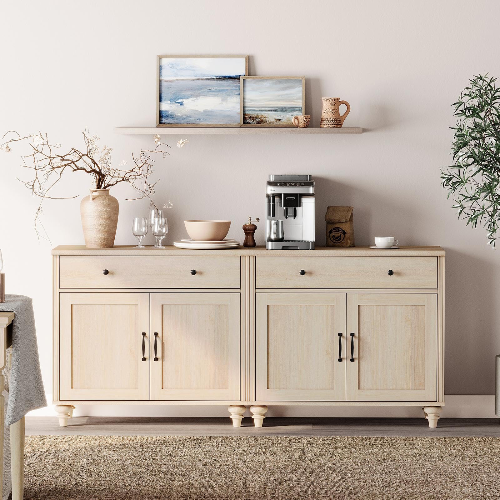 WAMAPT Buffet Cabinet with 4 Doors and 2 Drawers, Large Coffee Bar Table Wood Kitchen Storage Cabinets with Storage Cabinets, Modern Farmhouse Sideboard Credenza for Dining Room, Oak, 68 inch