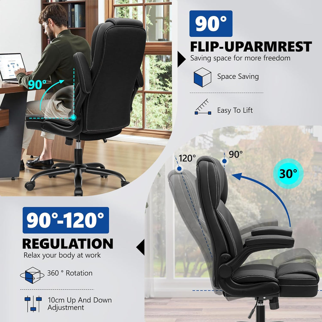 PU Leather Office Chair, Ergonomic High-Back Desk Computer & Gaming Chair with Adjustable Height, Rolling Swivel & Flip-Up Armrests, Comfy Padded Seat for Home Office-Black