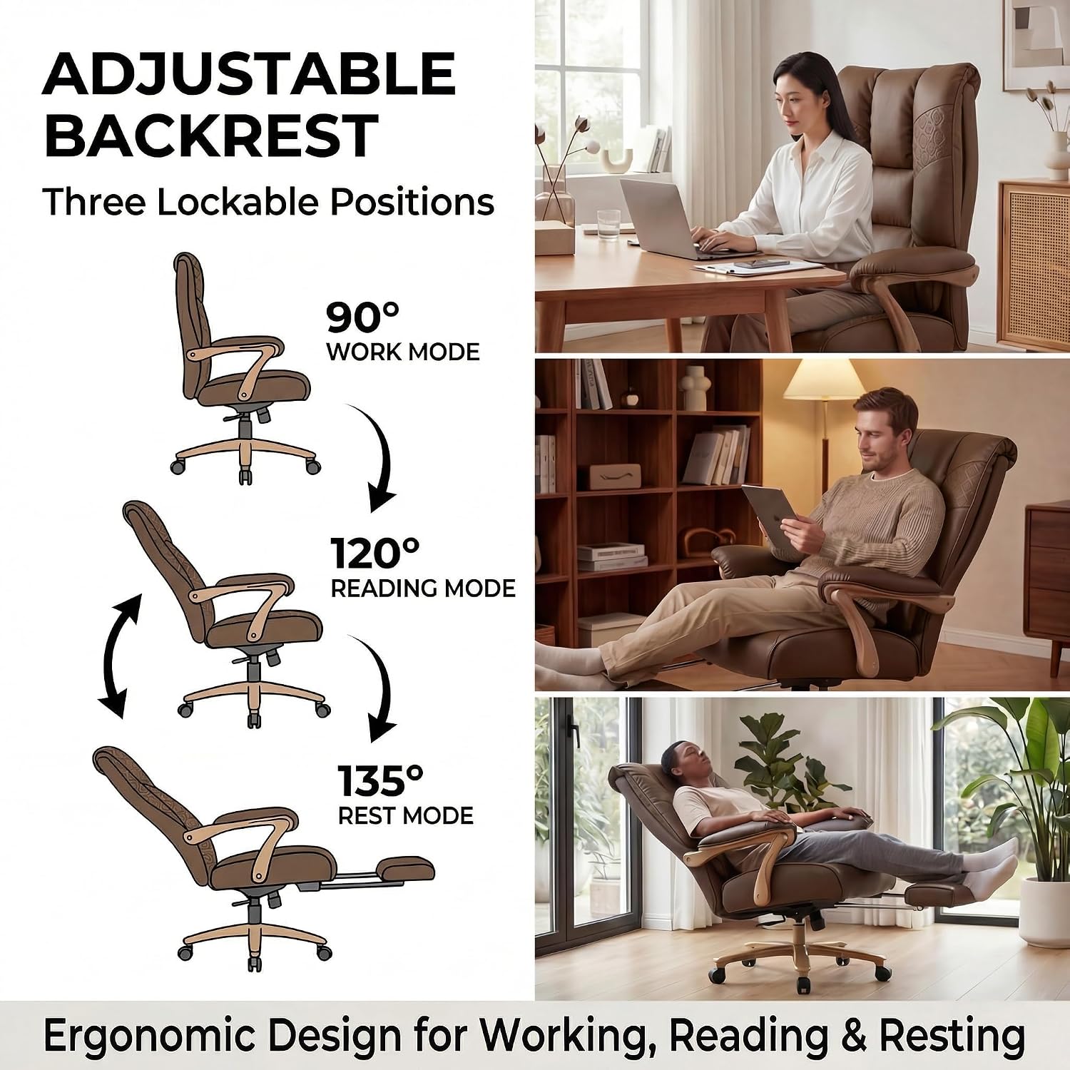 Brown High Back PU Leather Big & Tall 400lbs Office Chair with Footrest, Lumbar Support & Padded Armrests