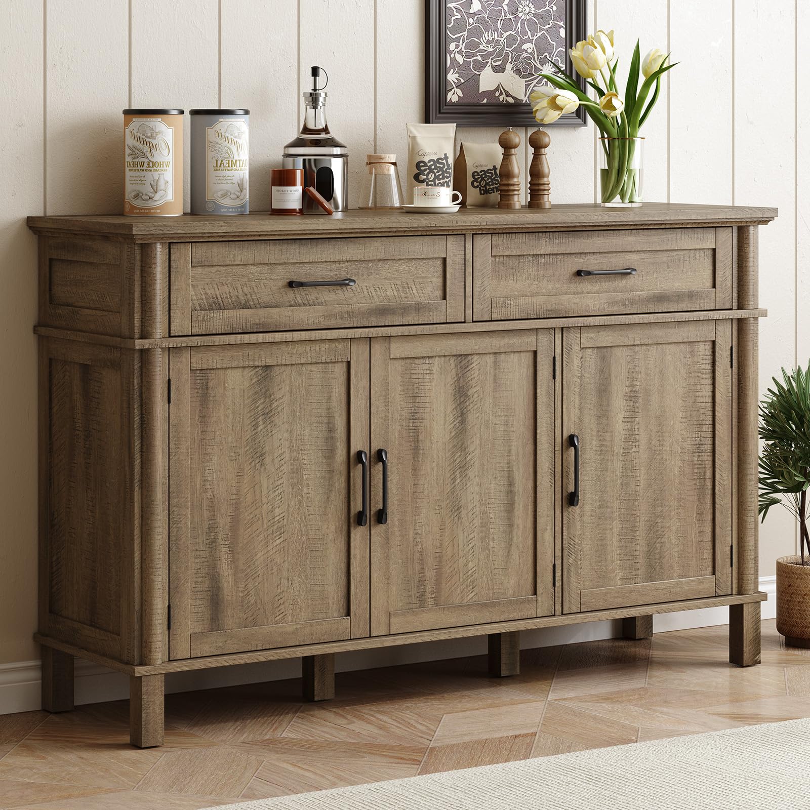 48" Off White Farmhouse Sideboard Buffet Cabinet with 2 Drawers, 3 Doors & Adjustable Shelves, Wood Storage Coffee Bar for Kitchen Living Room