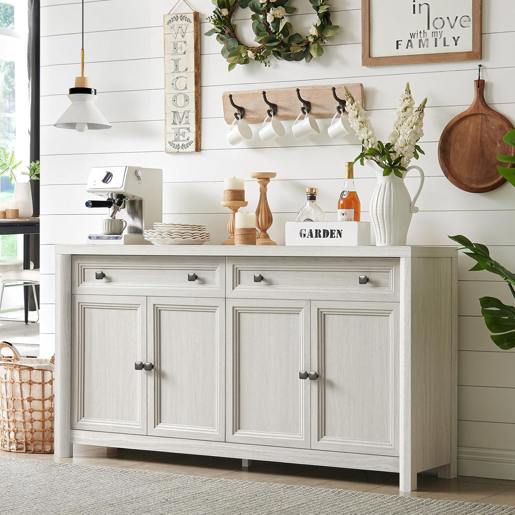Standifurno Farmhouse Sideboard Buffet Cabinet with Drawers, 59" Large Credenza Kitchen Storage Cabinets with Shelves & 4 Doors, Wood Rustic Coffee Bar Console Table for Living Room, White
