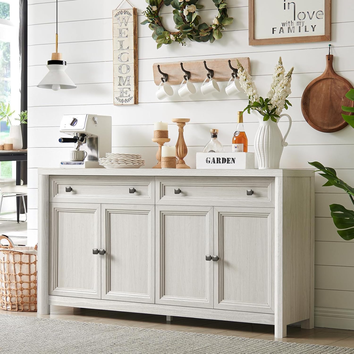 Standifurno Farmhouse Sideboard Buffet Cabinet with Drawers, 59" Large Credenza Kitchen Storage Cabinets with Shelves & 4 Doors, Wood Rustic Coffee Bar Console Table for Living Room, White