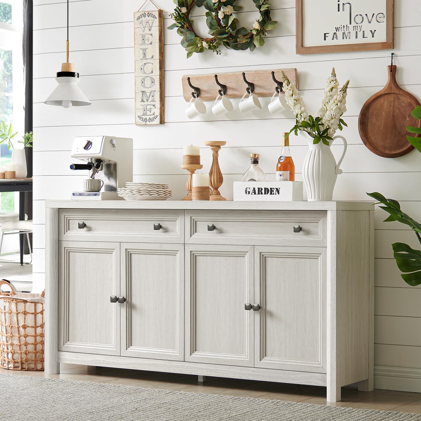 Standifurno Farmhouse Sideboard Buffet Cabinet with Drawers, 59" Large Credenza Kitchen Storage Cabinets with Shelves & 4 Doors, Wood Rustic Coffee Bar Console Table for Living Room, White