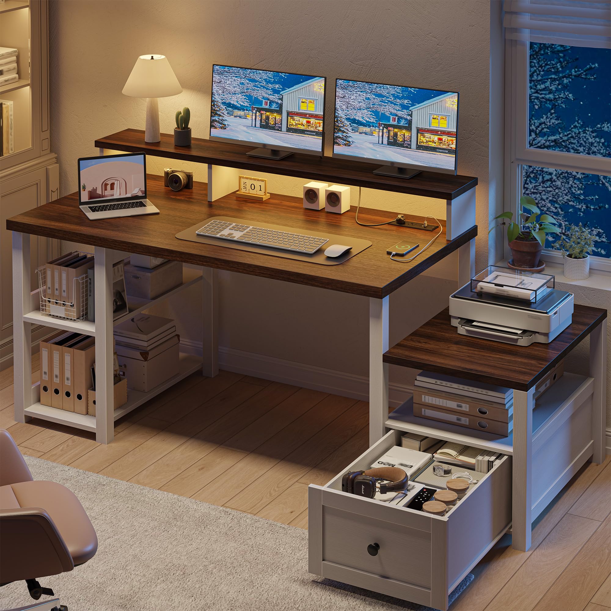 EnHomee 60.4" Computer Desk with Drawer, Office Desk with Monitor Stand, Farmhouse Study Desk with Power Outlet & LED Light, Writing Desk for Home and Study Room, Dark Rustic Oak