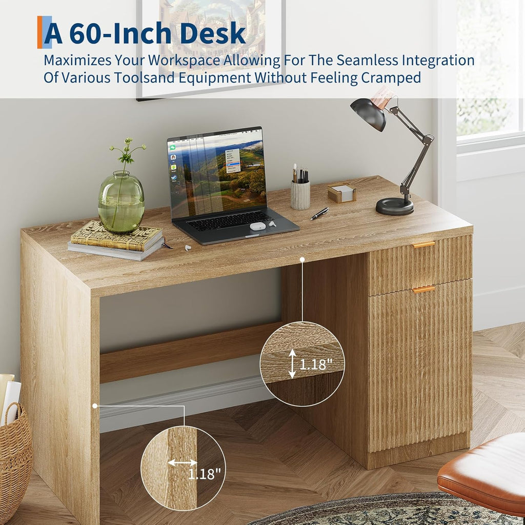 IDEALHOUSE Fluted Executive Desk with Drawers, 60" Modern Home Office Desk with Storage Cabinet, Wood Fluted Computer Desks Workstation for Working, Studying, Writing, Natural Oak