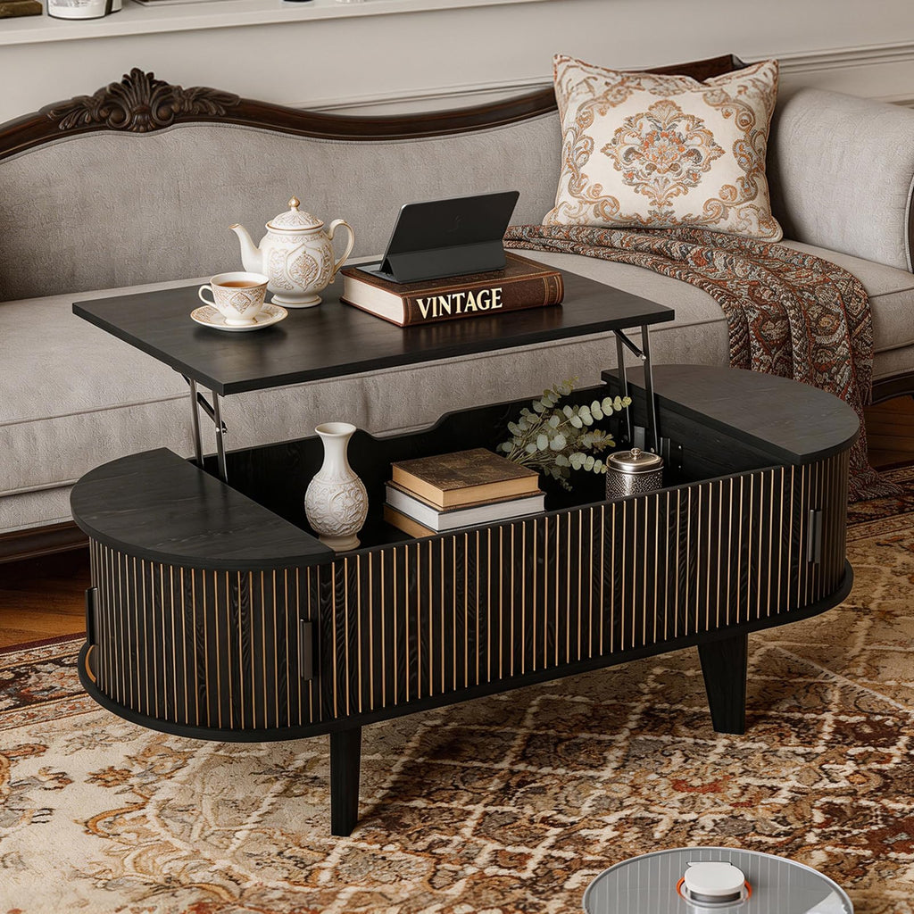 Oval Lift Top Coffee Table with Storage, 47.2" Mid Century Modern Living Room Center Table with 180° Sliding Tambour Door, Wood Fluted Coffee Table for Home Office, Walnut