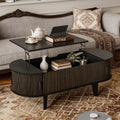 Oval Lift Top Coffee Table with Storage, 47.2" Mid Century Modern Living Room Center Table with 180° Sliding Tambour Door, Wood Fluted Coffee Table for Home Office, Walnut