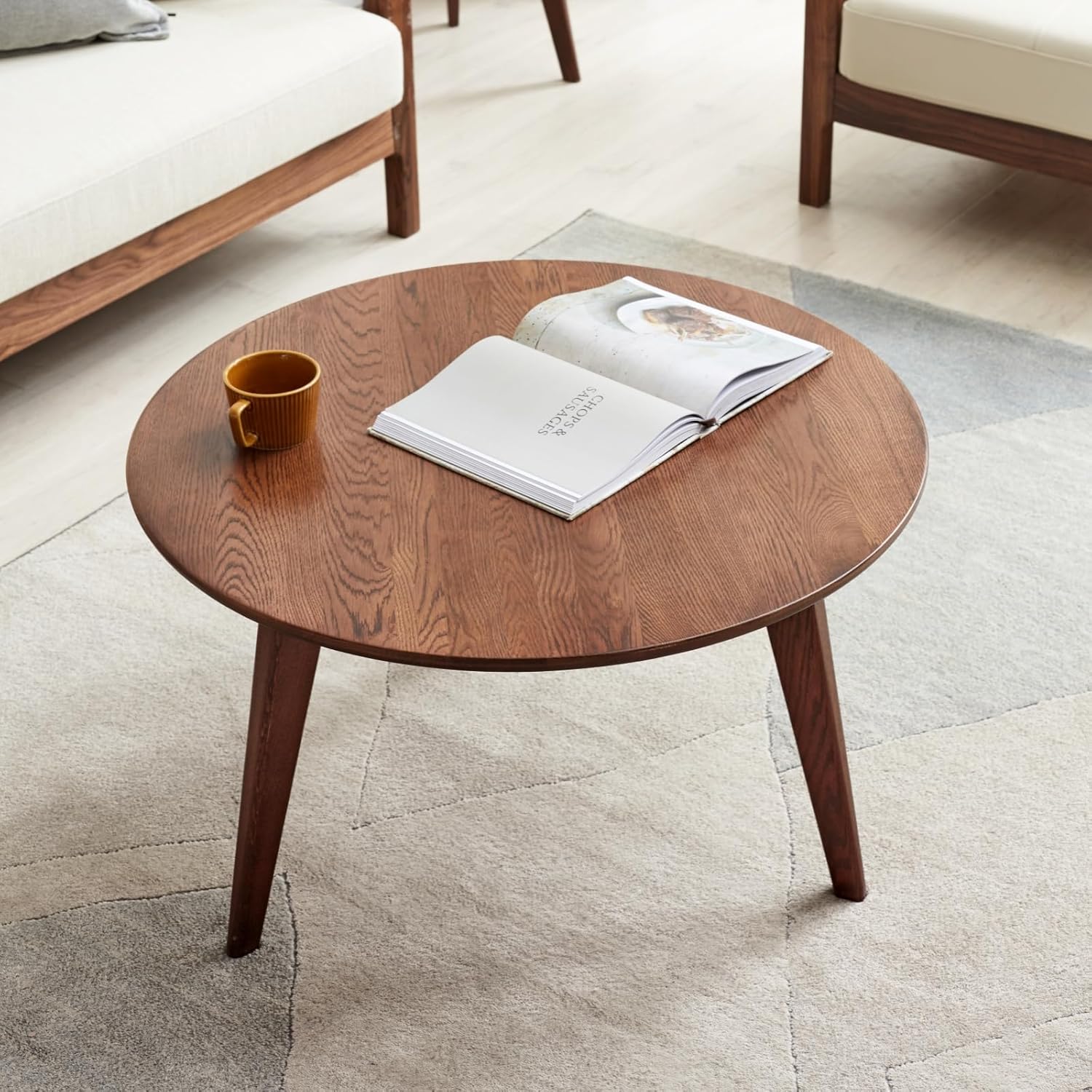 23.62" Walnut Solid Oak Round Mini Coffee Side Table with Wood Legs, Mid Century Accent Table for Living Room Bedroom Balcony