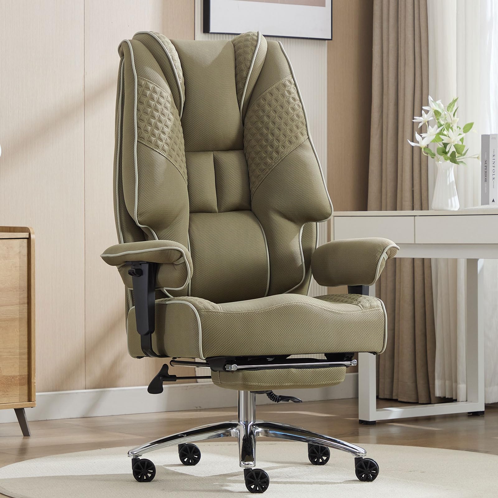 EXCEBET Big and Tall Office Chair 400lbs Wide Seat, Leather High Back Executive Office Chair with Lumbar Support, Ergonomic Chairs Padded Armrests & Thick Cushion (Mesh Beige)