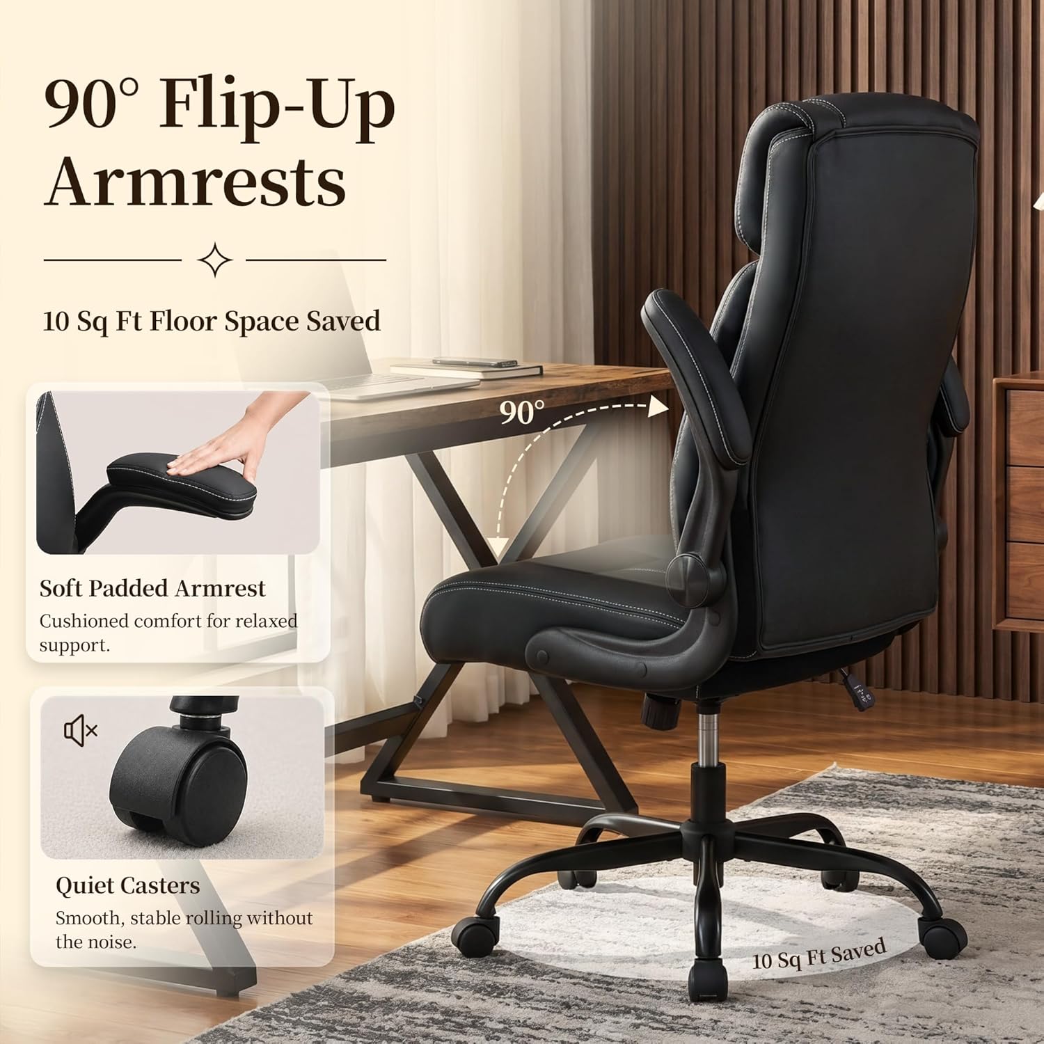 Office Chair, Leather Ergonomic Computer Desk Chair with Rocking Function, High Back Executive Home Office Chair with Adjustable Flip-up Armrests, Lumbar Support, 360° Swivel, Black