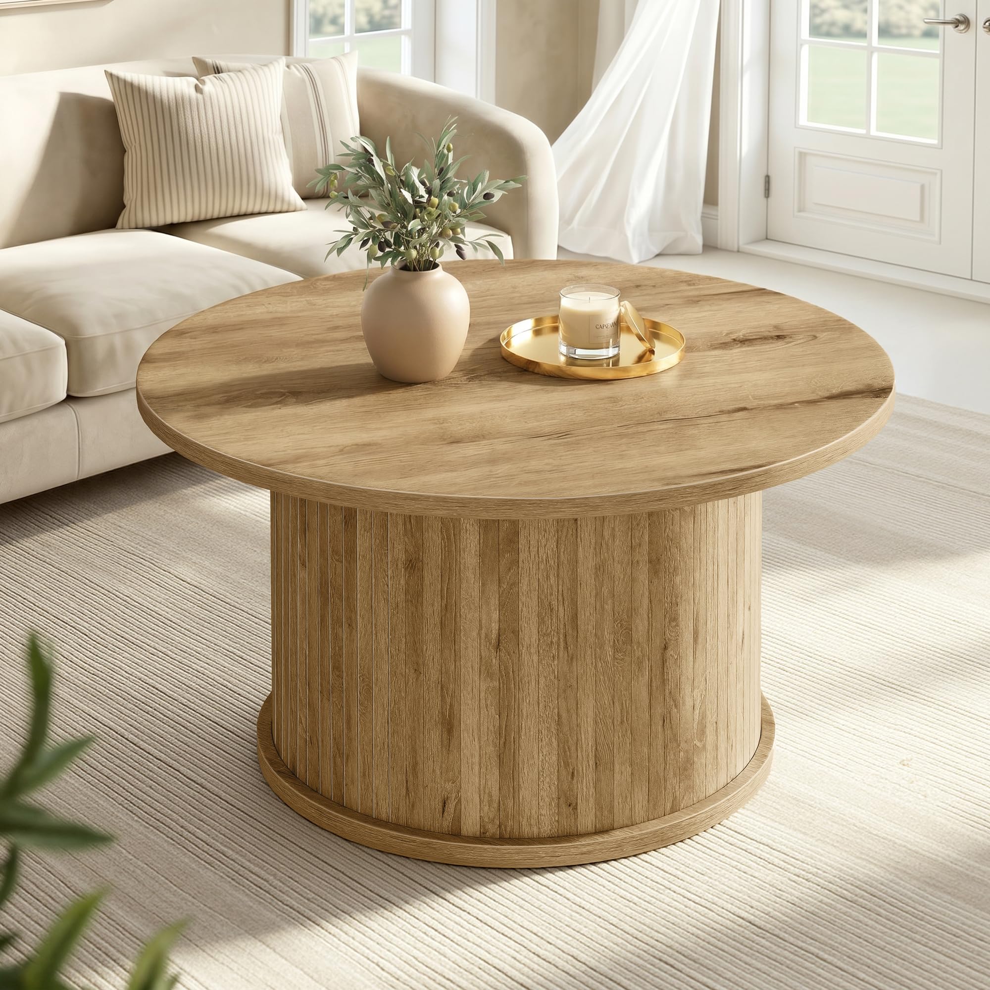 VASAGLE MAEZO Collection - Round Coffee Table, 2-Tier Center Table with Storage, Tapered Legs, Curved Transitions, 31.5 Dia. x 17.7 H Inches, Easy Assembly, for Living Room, Honey Brown ULCT243K41