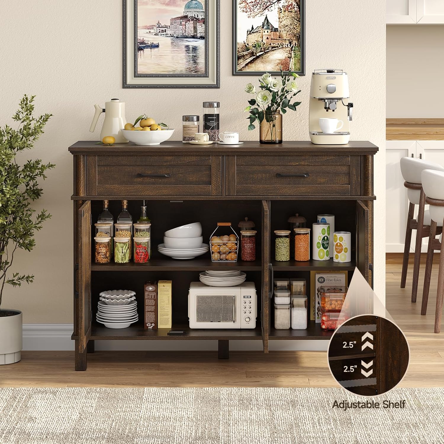 48" Brown Farmhouse Wood Sideboard Buffet Credenza with 4 Drawers & Adjustable Shelves, Coffee Bar Storage Cabinet for Kitchen Living Room Entryway