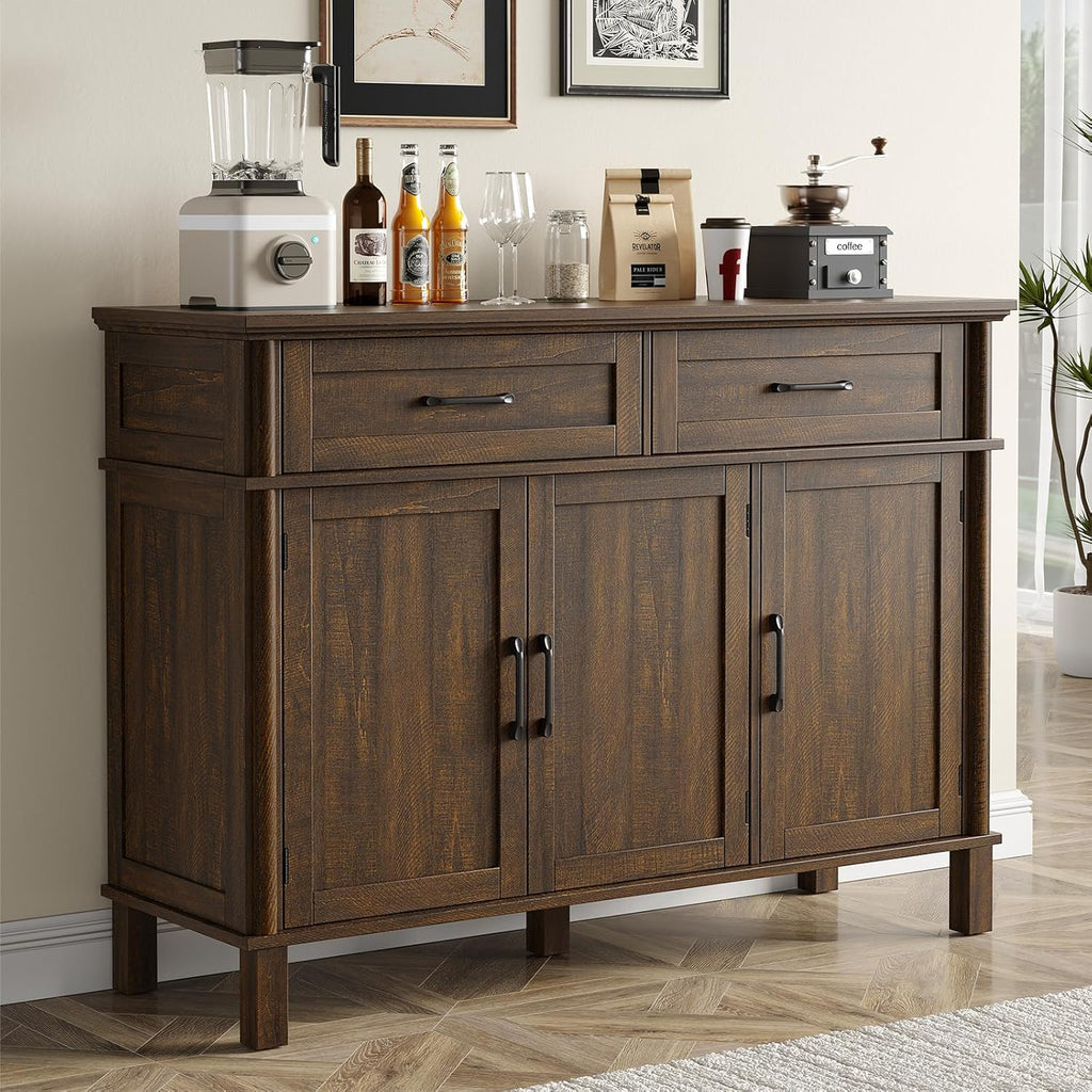 48" Brown Farmhouse Wood Sideboard Buffet Credenza with 4 Drawers & Adjustable Shelves, Coffee Bar Storage Cabinet for Kitchen Living Room Entryway