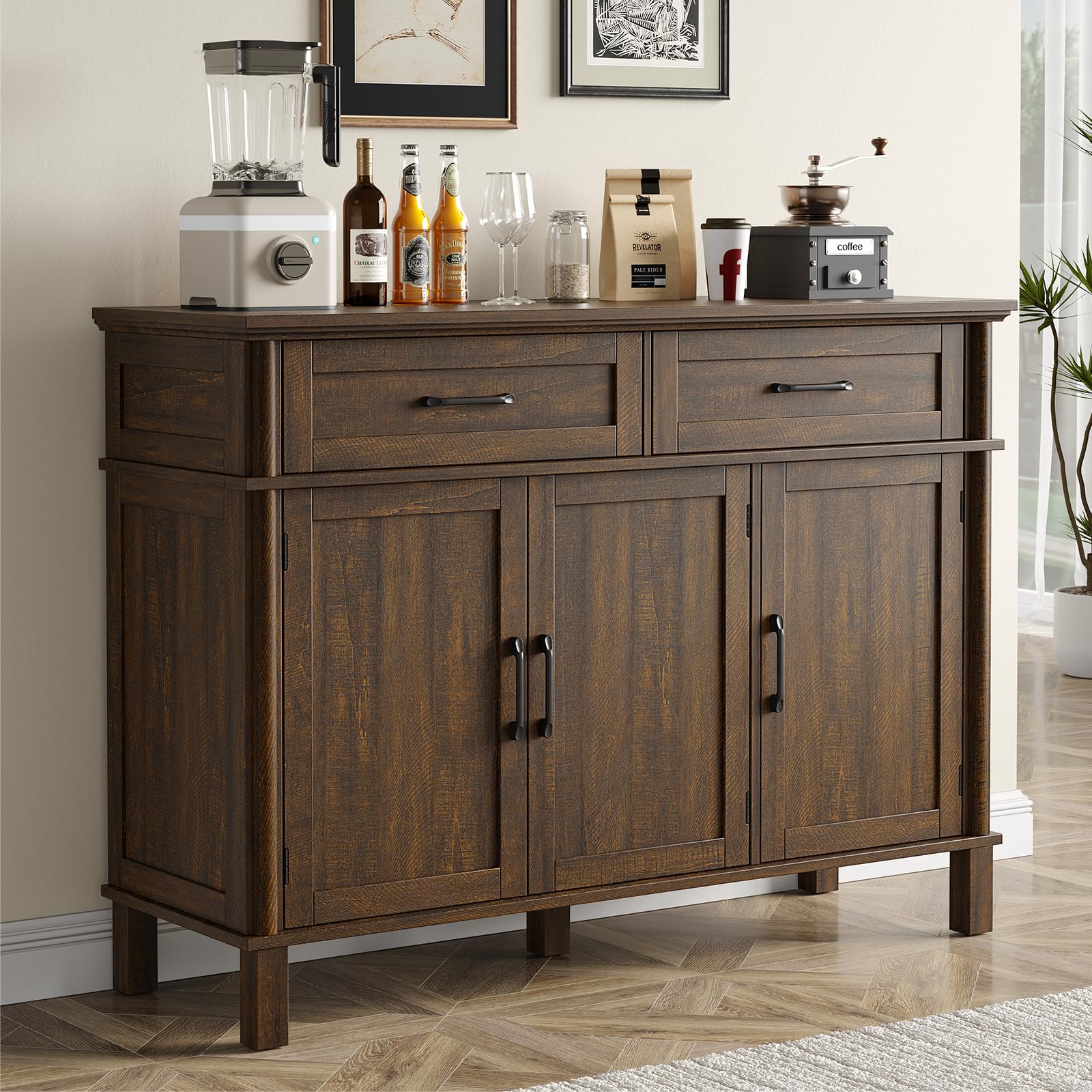 48" Brown Farmhouse Wood Sideboard Buffet Credenza with 4 Drawers & Adjustable Shelves, Coffee Bar Storage Cabinet for Kitchen Living Room Entryway