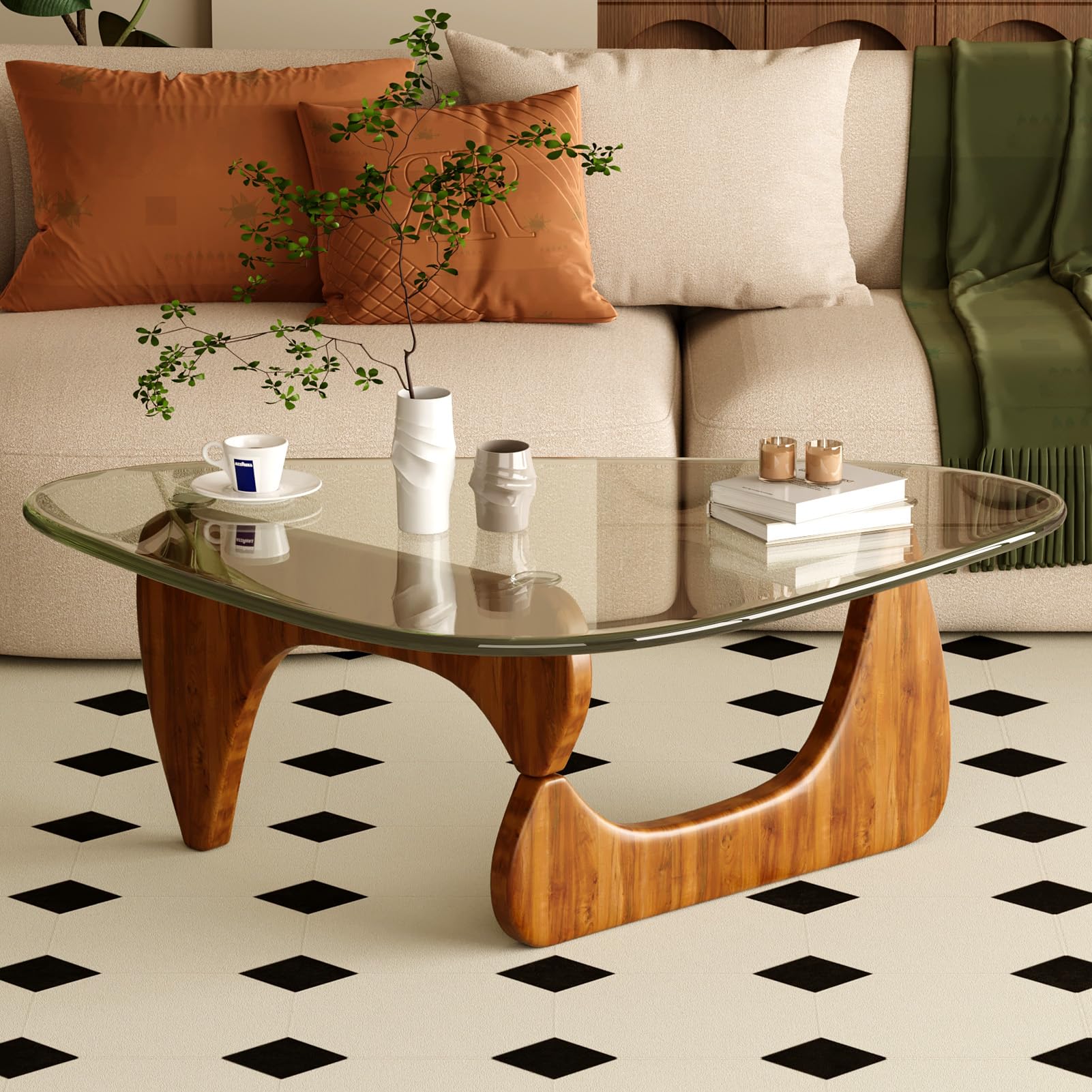 Coffee Table for Living Room Mid Century Modern Center Table with Glass Top and Wood, 32 Inch, Brown/Walnut