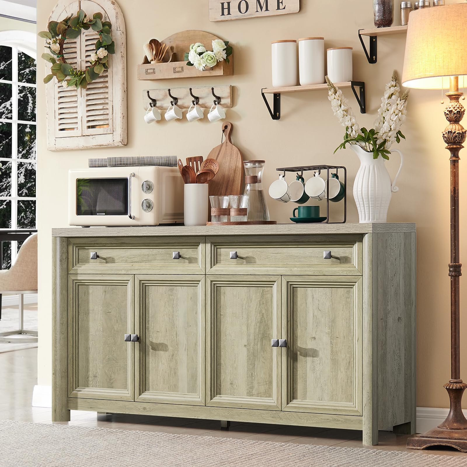 Standifurno Farmhouse Sideboard Buffet Cabinet with Drawers, 59" Large Credenza Kitchen Storage Cabinets with Shelves & 4 Doors, Wood Rustic Coffee Bar Console Table for Living Room, White