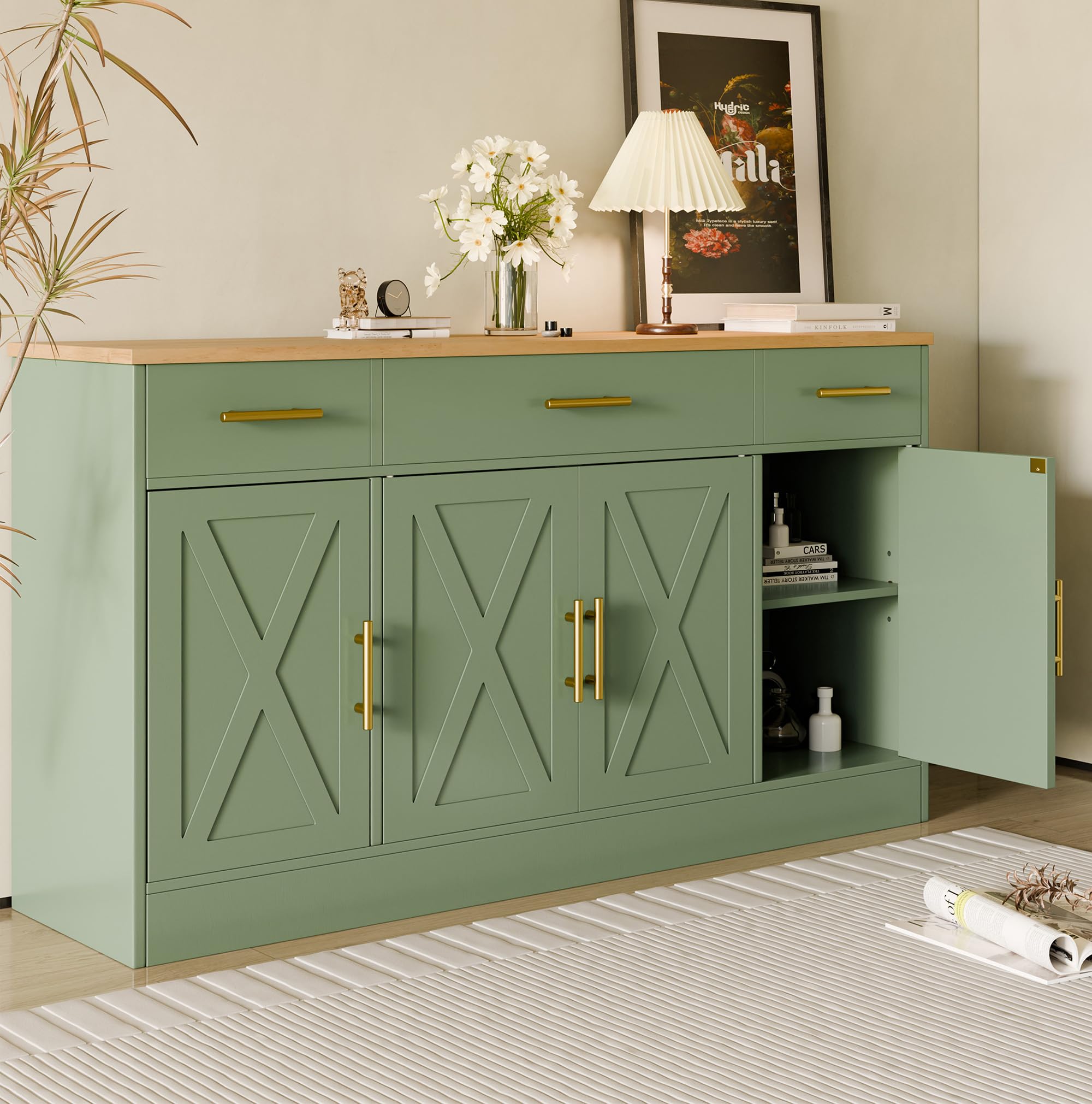 SUNLEI Kitchen Buffet Sideboard Cabinet, Wooden Storage with 4 Doors and 3 Drawers, Adjustable Shelf, Modern Farmhouse Coffee Bar Cabinet with Storage for Kitchen/Laundry/Living Room, Ivory