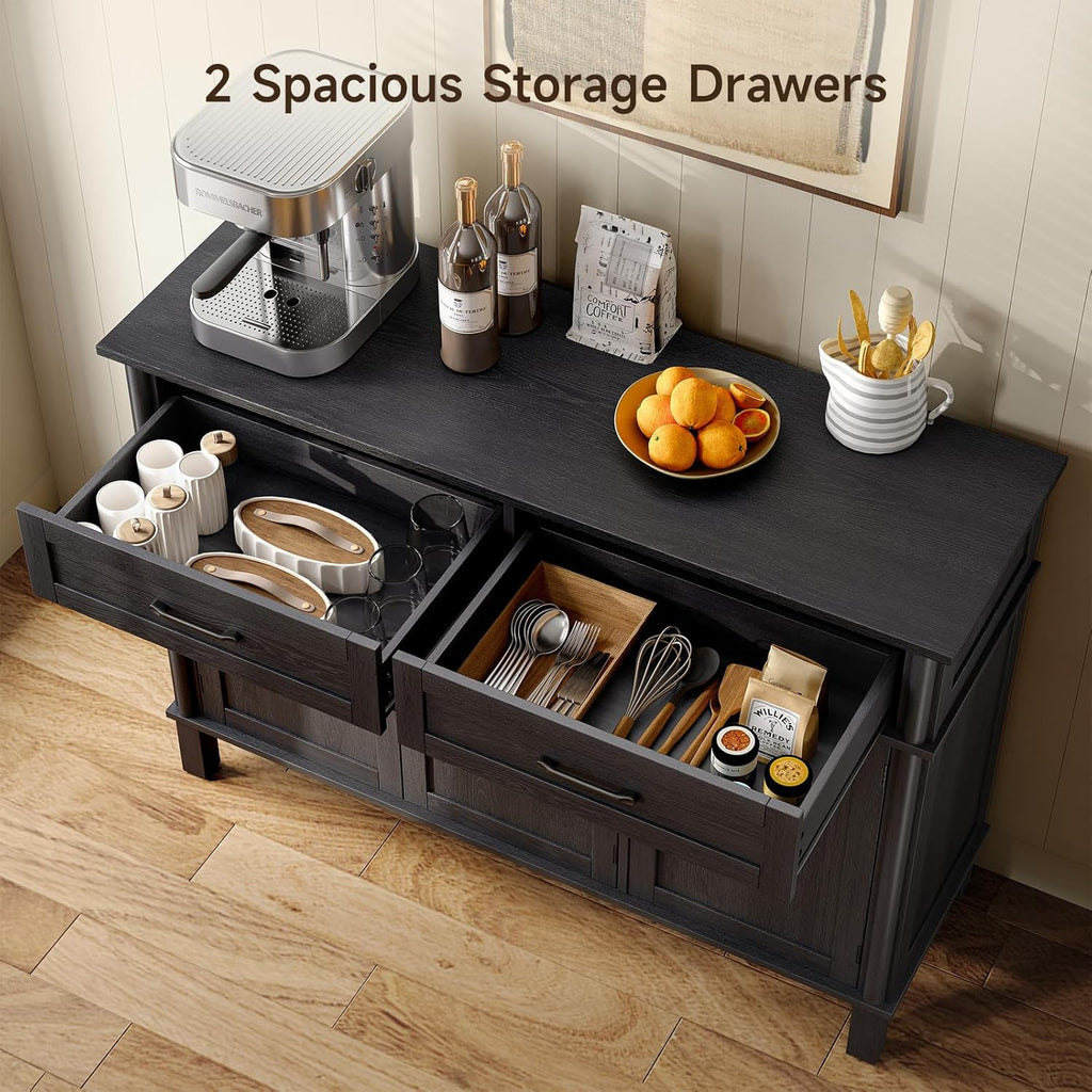 48 Inches Sideboard Buffet Cabinet with Storage, Farmhouse Sideboard Buffet w/2 Drawers and 3 Doors, Kitchen Cabinet with Adjustable Shelf, Wood Kitchen Console Table for Living Room, Hallway, Black
