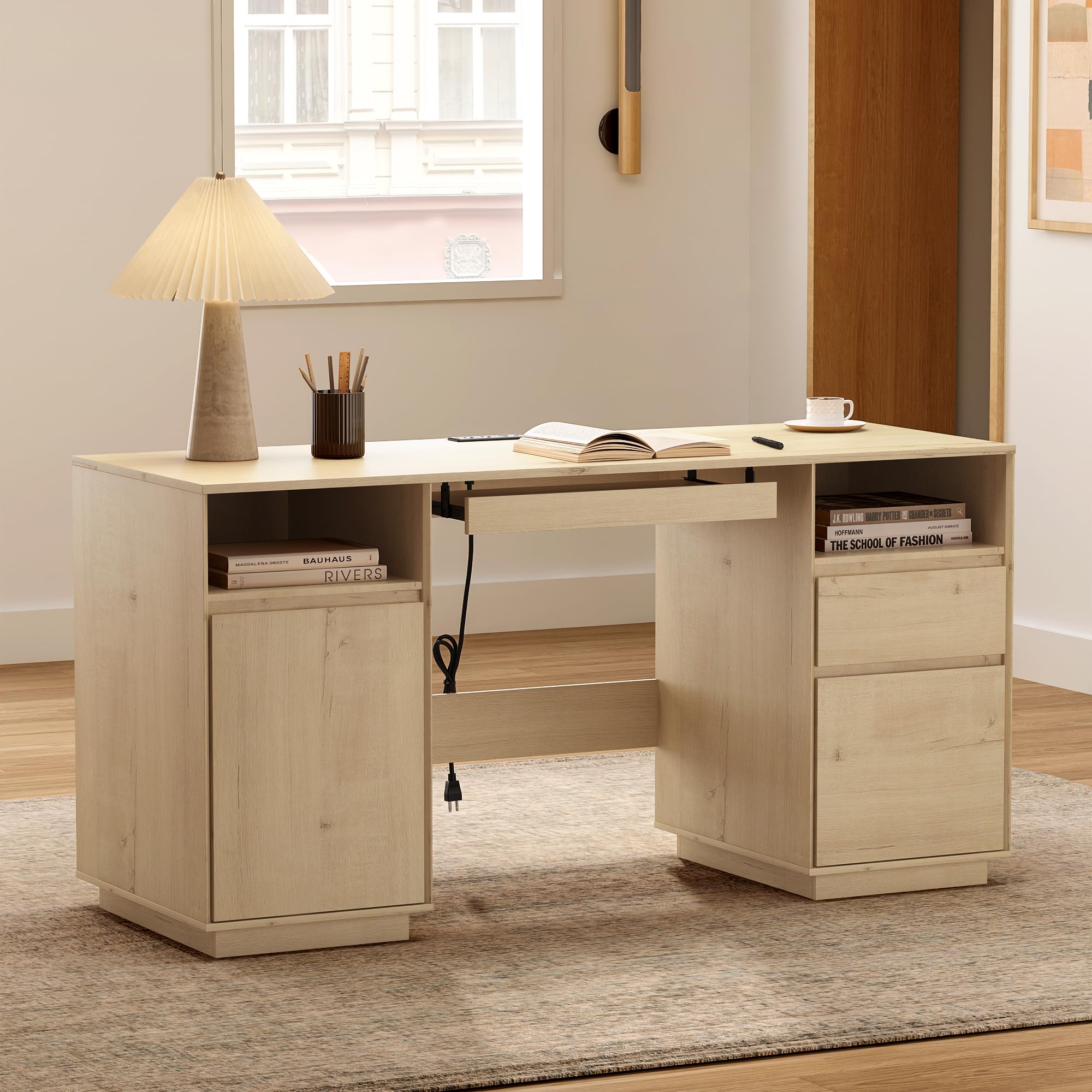 EYYTHUNG Home Office Desk, 47" Farmhouse Executive Desk with File Drawer & Outlet, Wood Computer Desks with Keyboard Tray, Workspace for Study Writing, Natural Oak