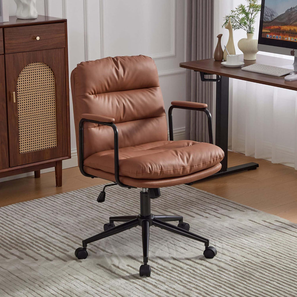 【Mid Back Office Chair】 Ergonomic PU Leather Desk Chair with 40° Recline, Adjustable Height Swivel Computer Chair with Padded Armrests and Wheels, Task Chair for Home Office (Brown)