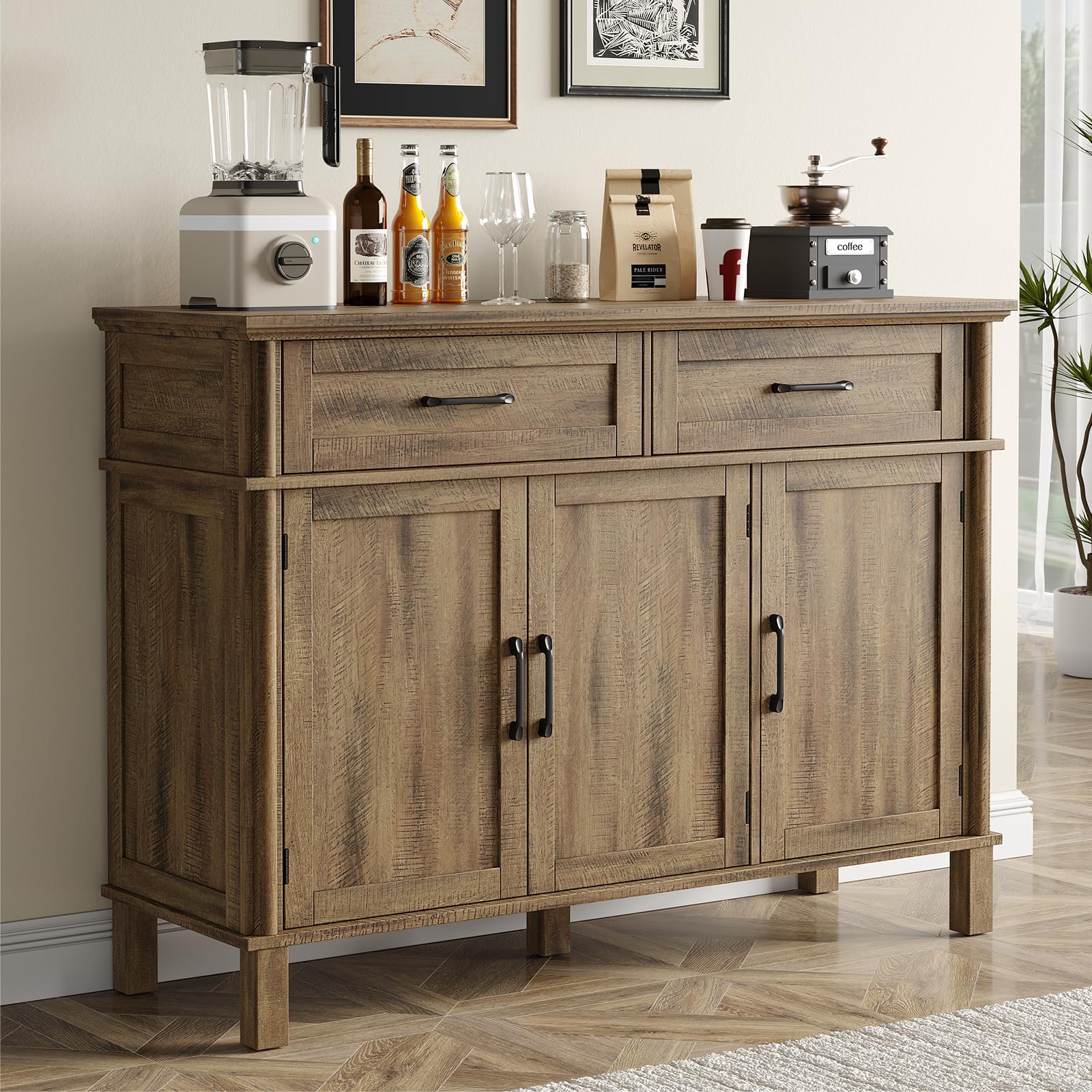 48" Brown Farmhouse Wood Sideboard Buffet Credenza with 4 Drawers & Adjustable Shelves, Coffee Bar Storage Cabinet for Kitchen Living Room Entryway