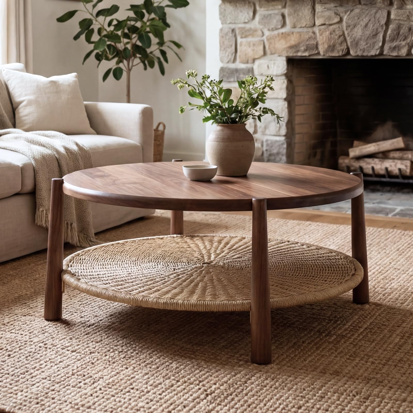 Round Coffee Table, Mid-Century Modern 2-Tier Wood Center Table with Open Storage Shelf, Farmhouse Circle Coffee Table for Living Room Office, Walnut Brown