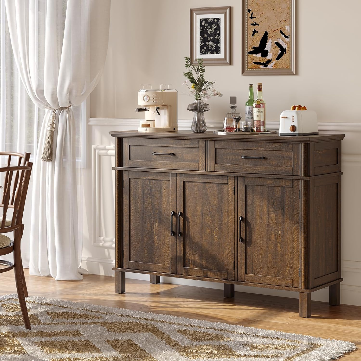 48" Brown Farmhouse Wood Sideboard Buffet Credenza with 4 Drawers & Adjustable Shelves, Coffee Bar Storage Cabinet for Kitchen Living Room Entryway